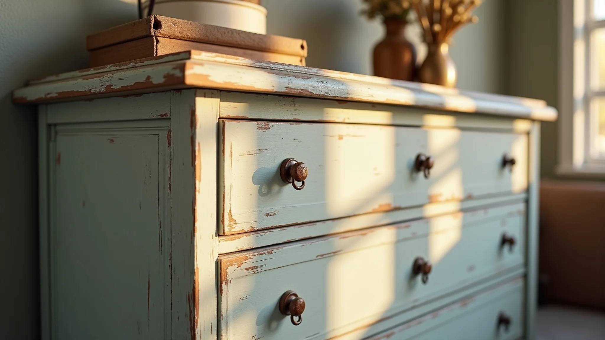Móvel de MDF pintado com chalk paint, estilo vintage e acabamento envelhecido.