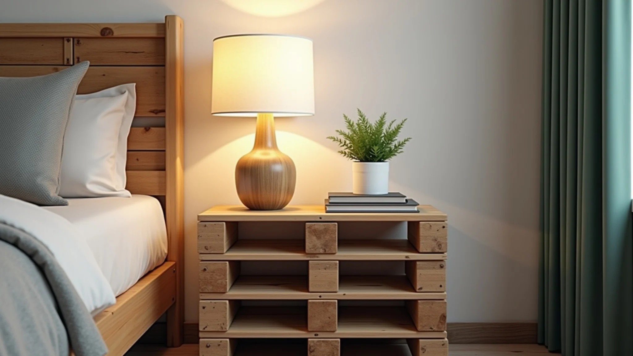 Criado-mudo de pallet com luminária, livros e planta em quarto decorado.