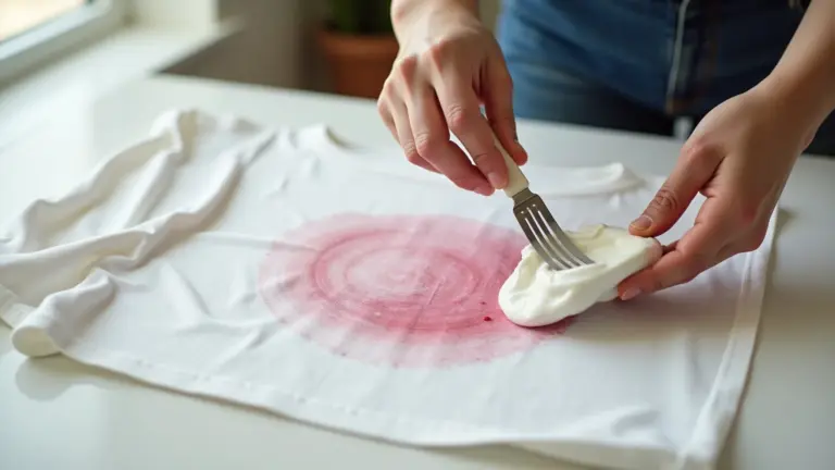 Pasta de bicarbonato de sódio sendo aplicada em mancha seca de vinho em camiseta branca.