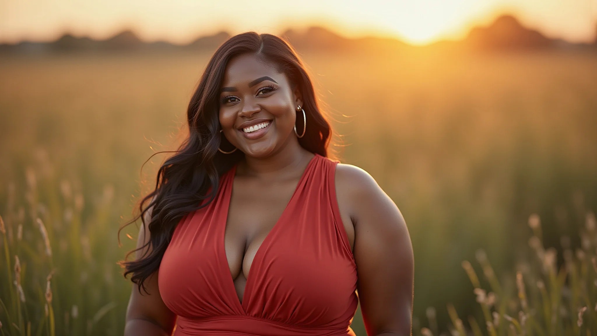 Mulher plus size sorrindo confiante em vestido de festa que valoriza suas curvas.