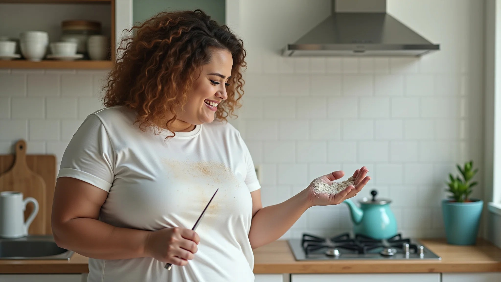 Mulher plus-size usando amido de milho em mancha antiga de gordura.