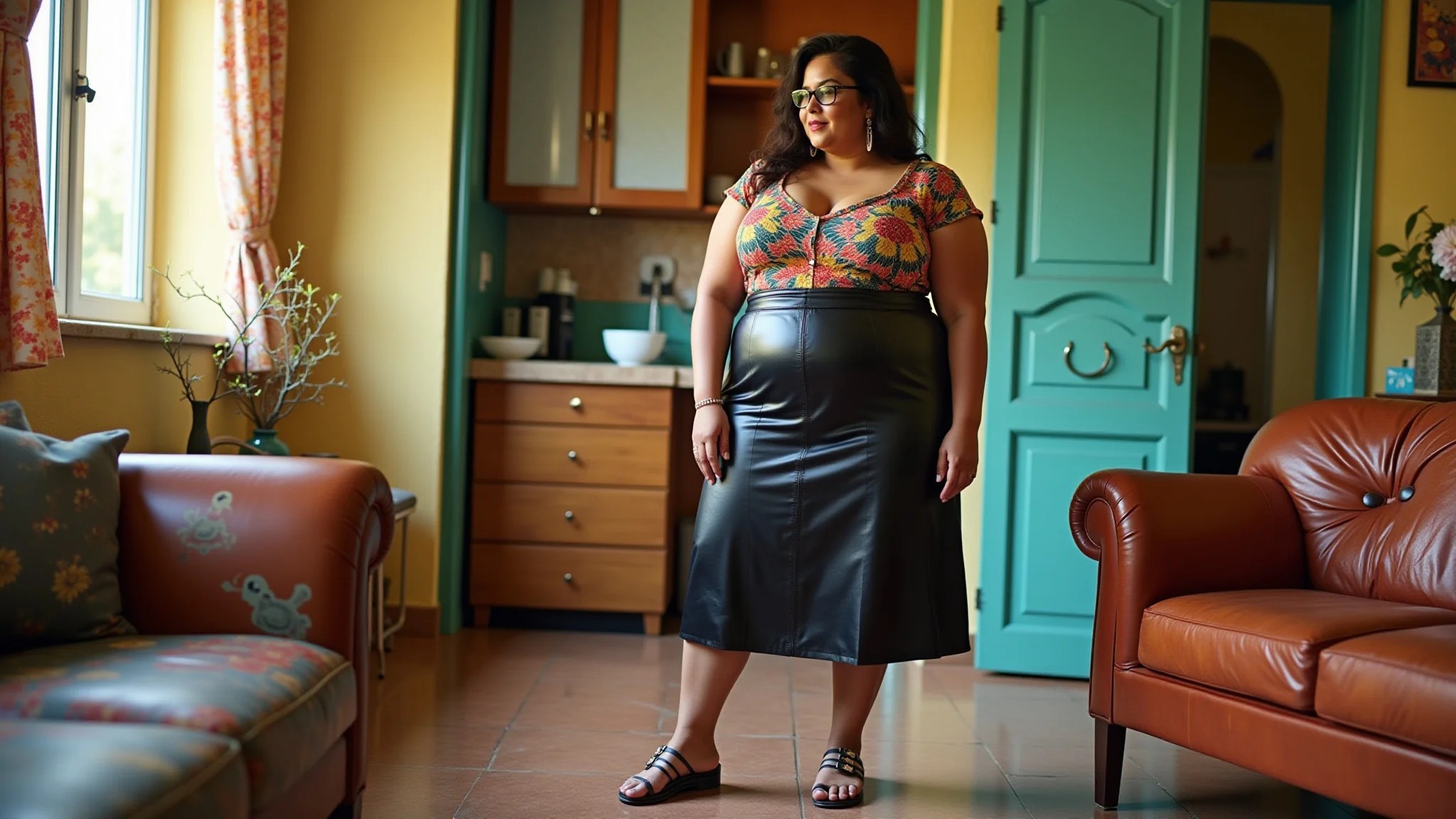 Mulher plus size com saia midi de couro preta, top colorido e sandálias em apartamento vibrante.