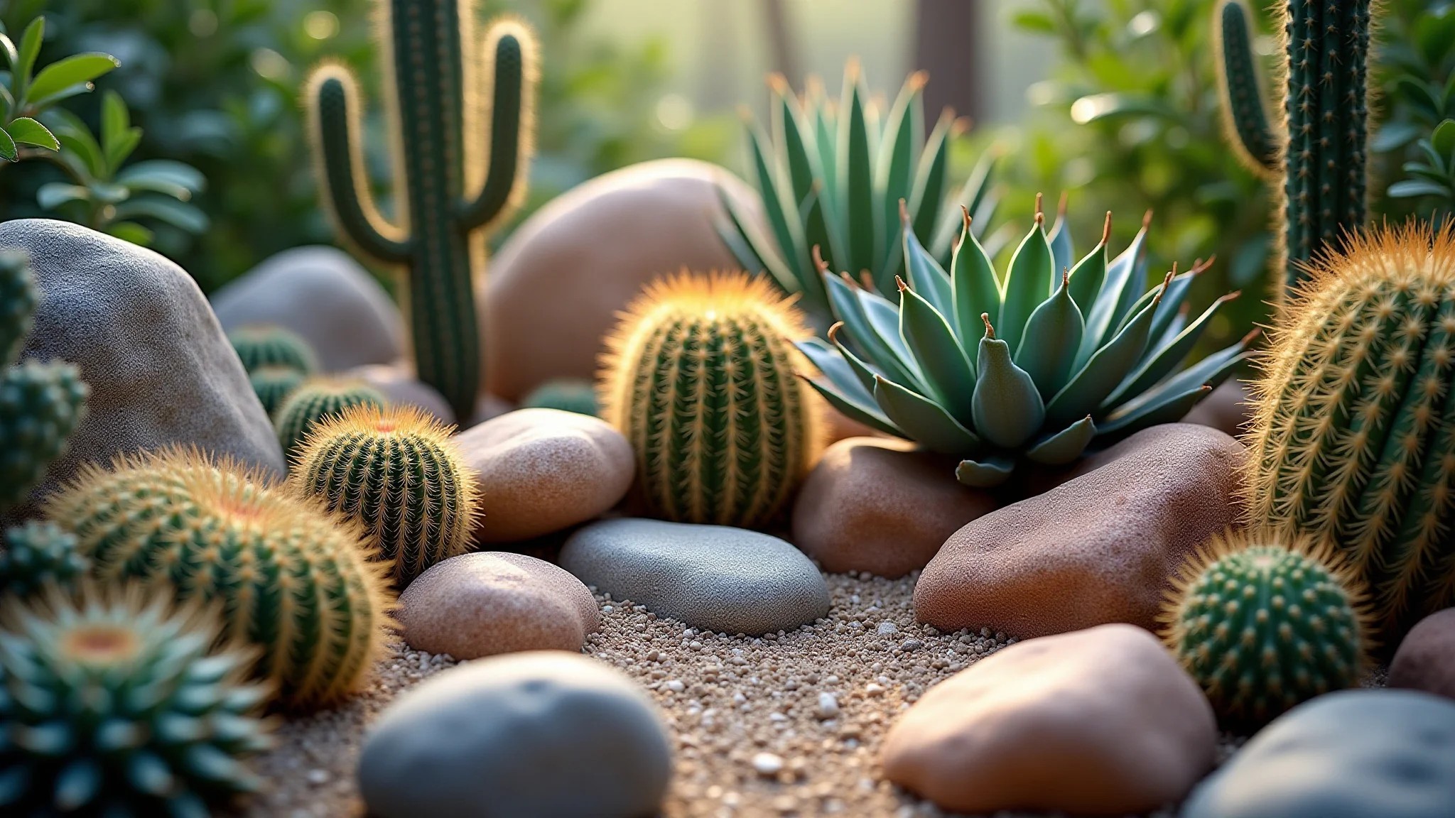 Jardim de pedras com cactos e suculentas de diversas cores e tamanhos.