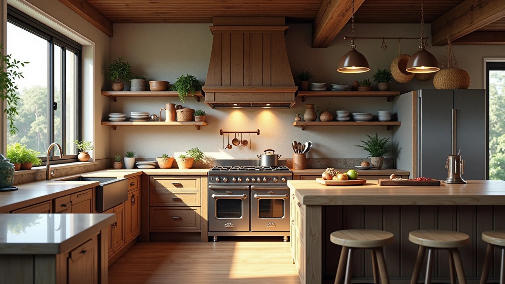 Cozinha rústica com armários de madeira de demolição, backsplash de pedra e utensílios de cobre.