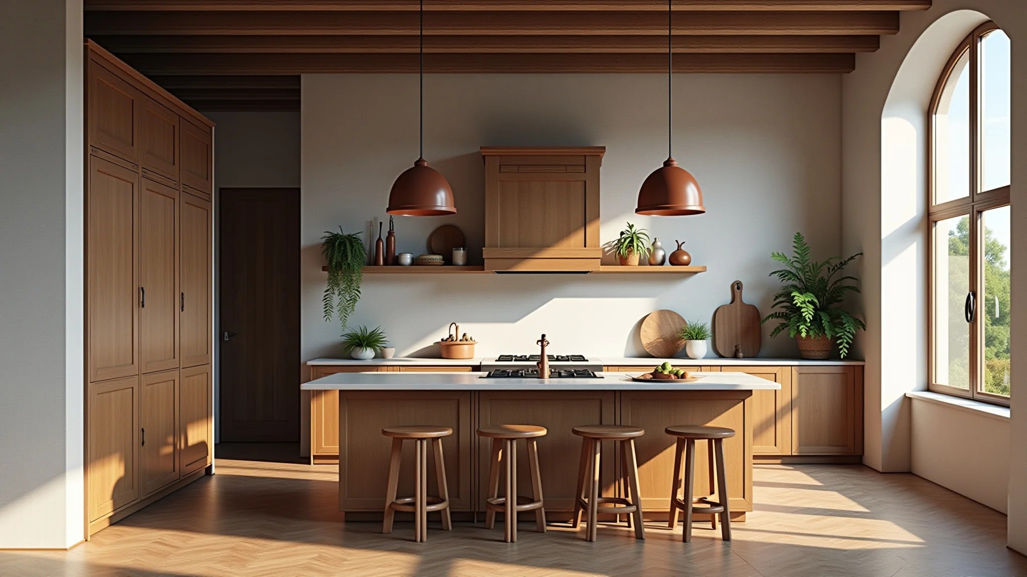 Cozinha americana simples com detalhes em cobre e elementos de madeira, iluminação natural.