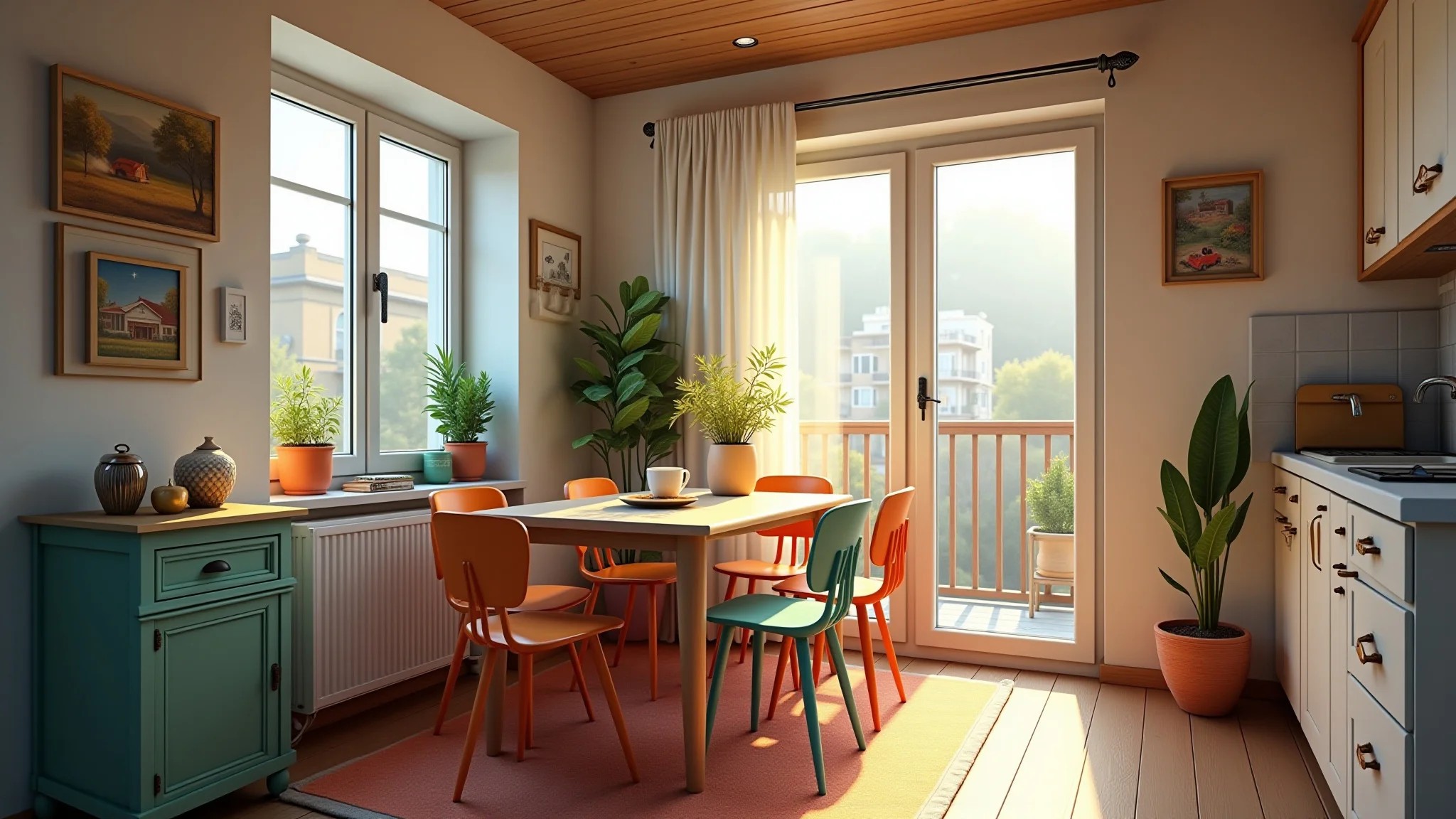 Sala de jantar de apartamento pequeno com móveis baratos e coloridos em estilo Farm Rio.