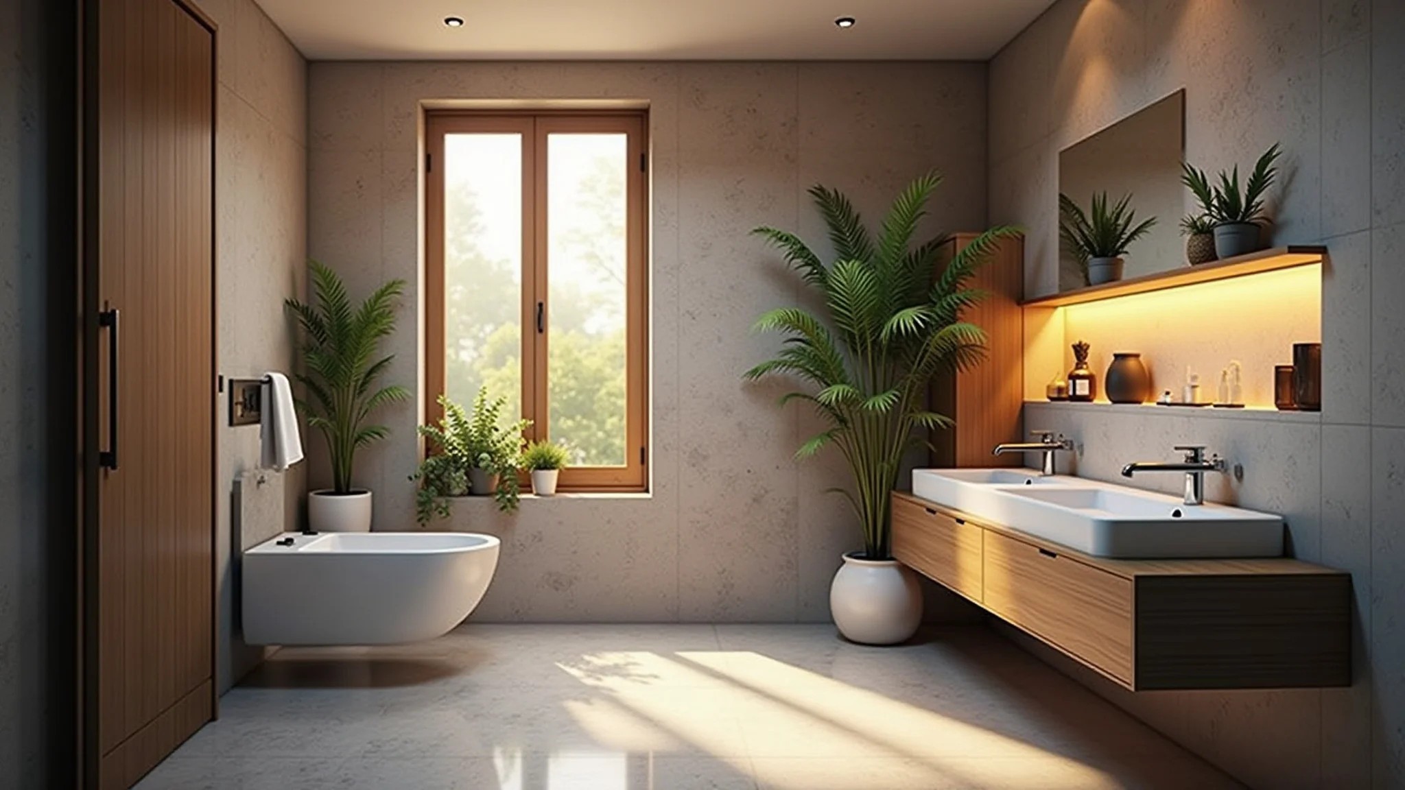 Banheiro pequeno com porta de correr, plantas e nichos iluminados, sensação de amplitude.