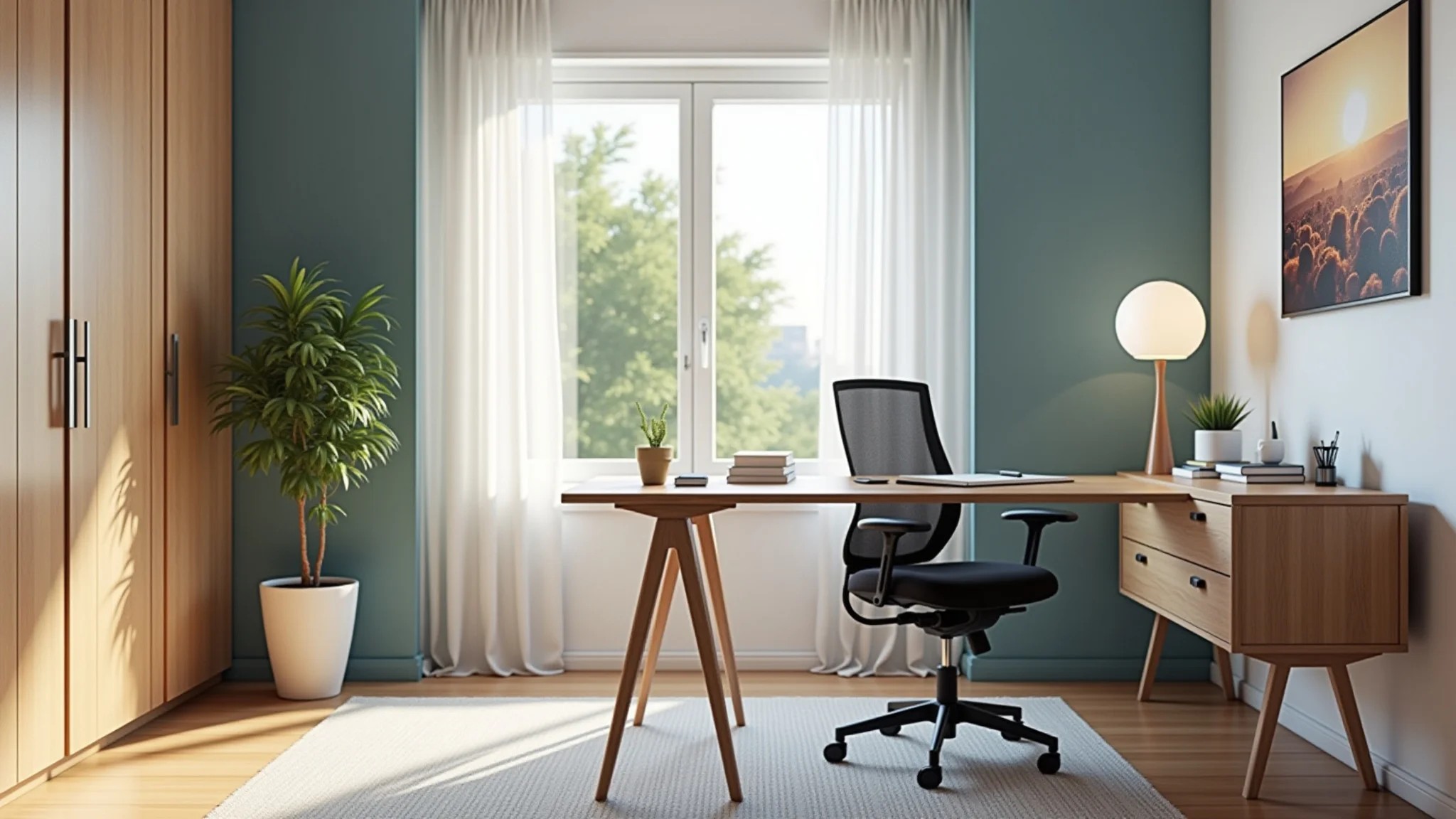 Móveis claros e cadeira ergonômica em home office pequeno, otimizando o espaço.