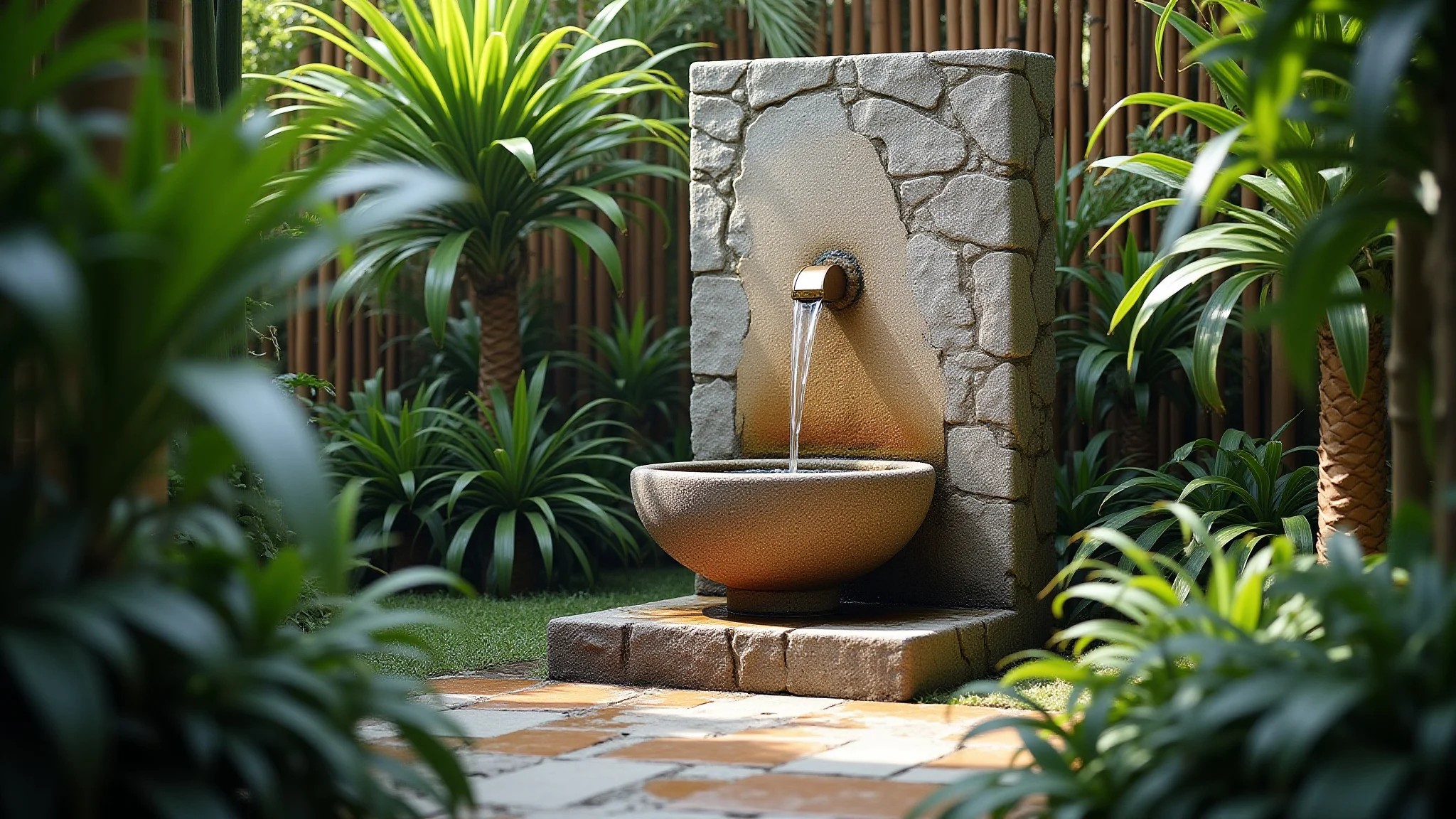 Fonte de parede de pedra em jardim brasileiro com plantas tropicais e iluminação natural.