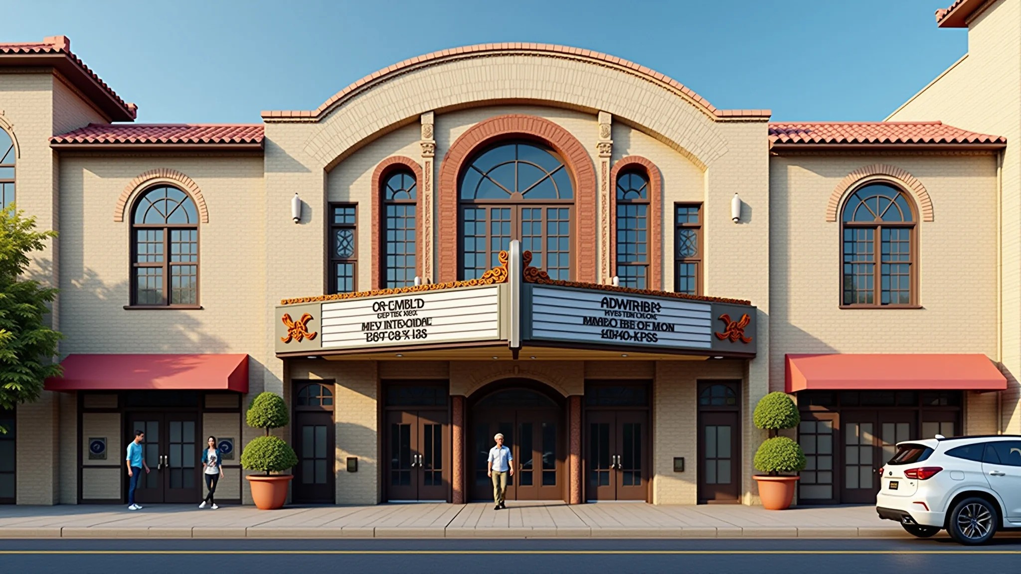Exterior de um teatro com fachada e sinalização atualizadas, atraindo mais visitantes.
