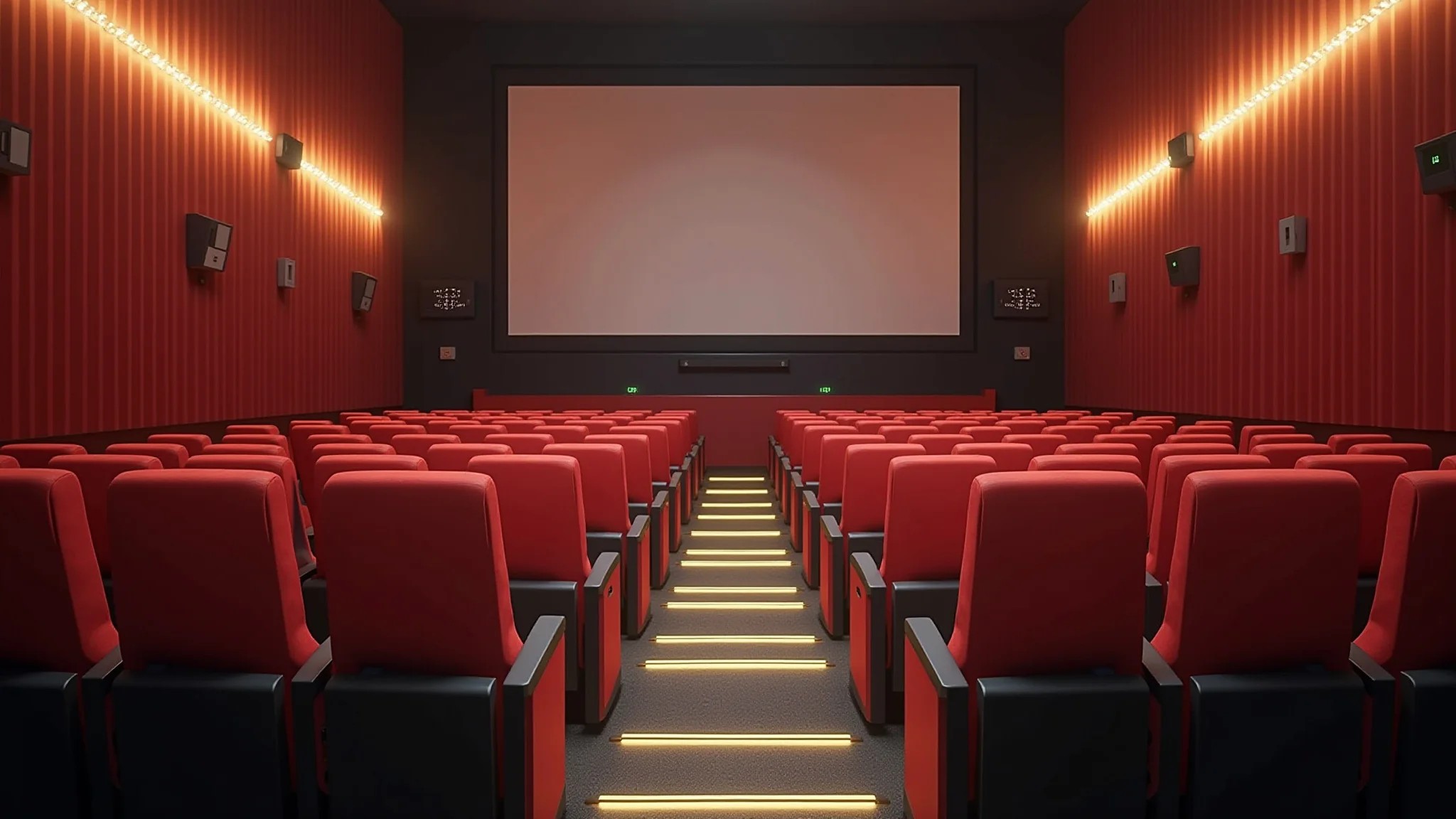 Interior de teatro com assentos acessíveis e sinalização em Braille, inclusão.