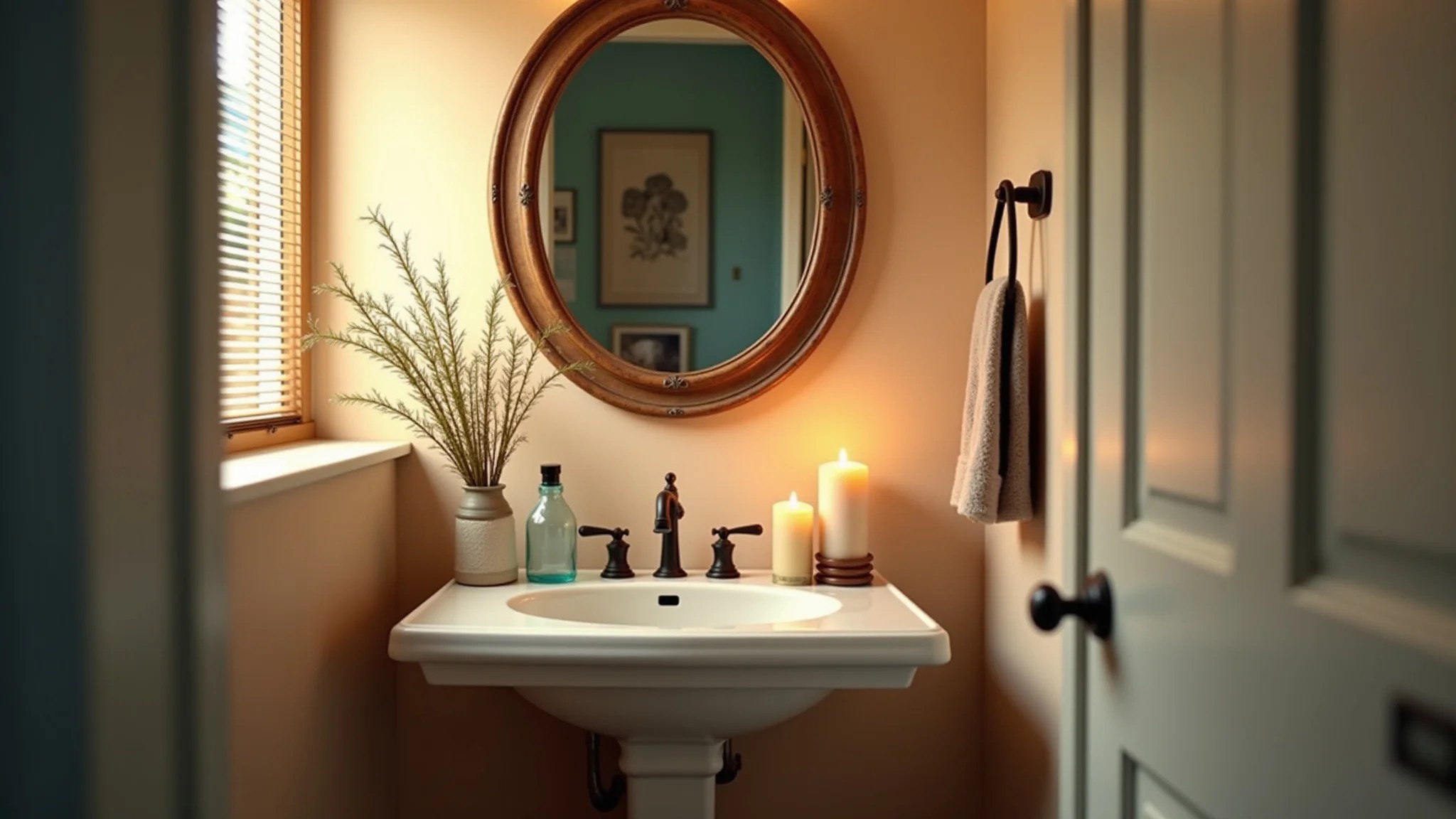 Lavabo decorado com potes de vidro reciclados e velas. Ambiente aconchegante.