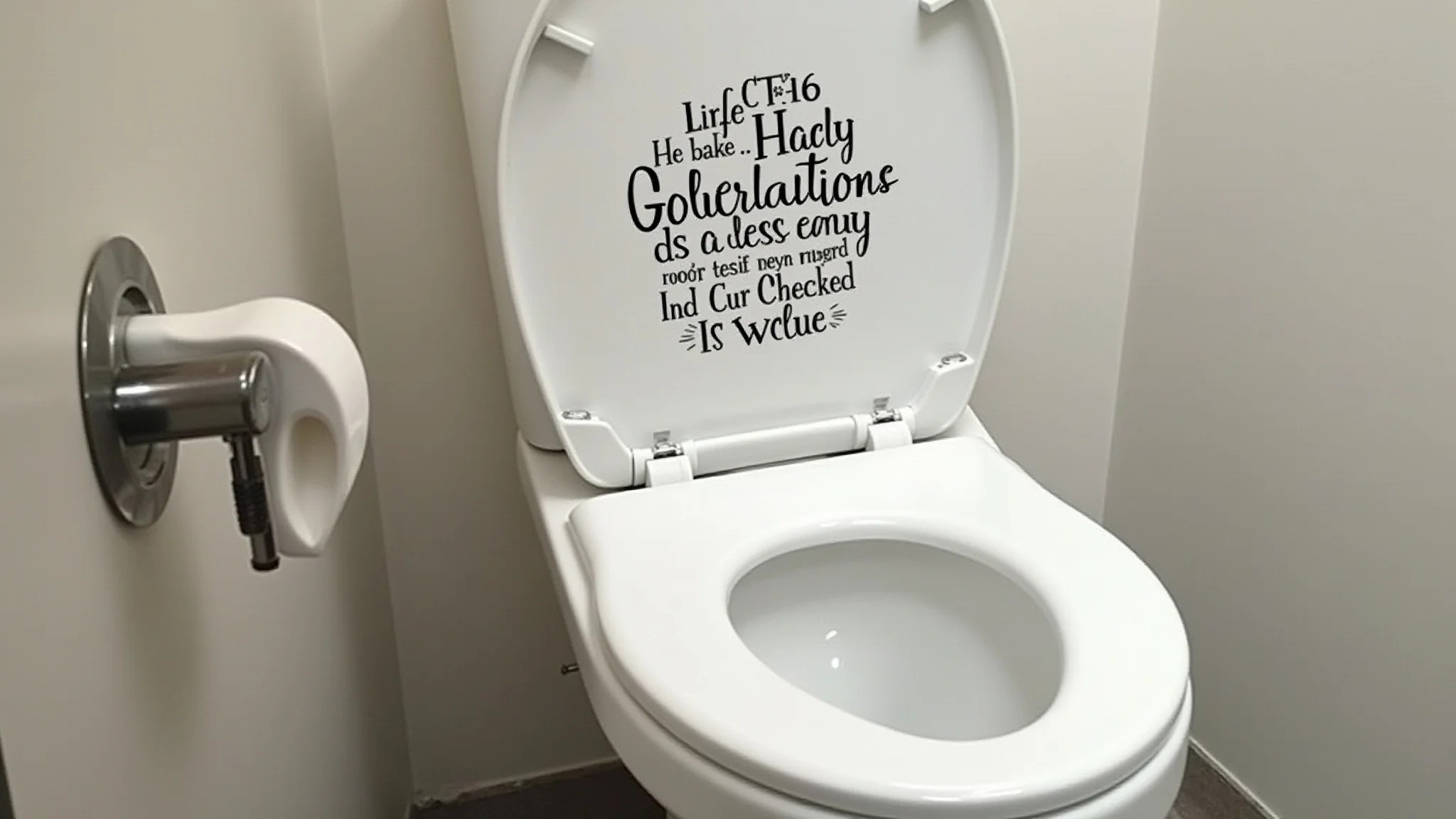 Vaso sanitário com adesivo divertido na tampa, banheiro claro e limpo.