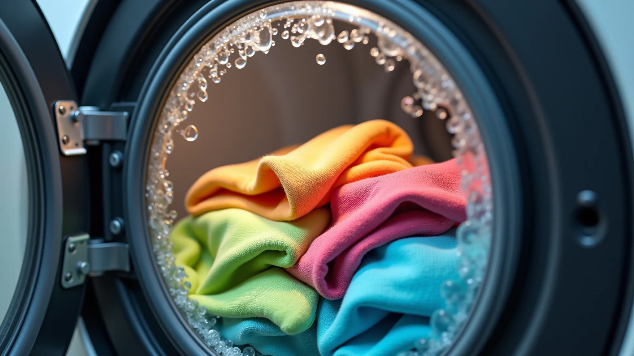 Máquina de lavar com roupas de academia coloridas, ciclo delicado.