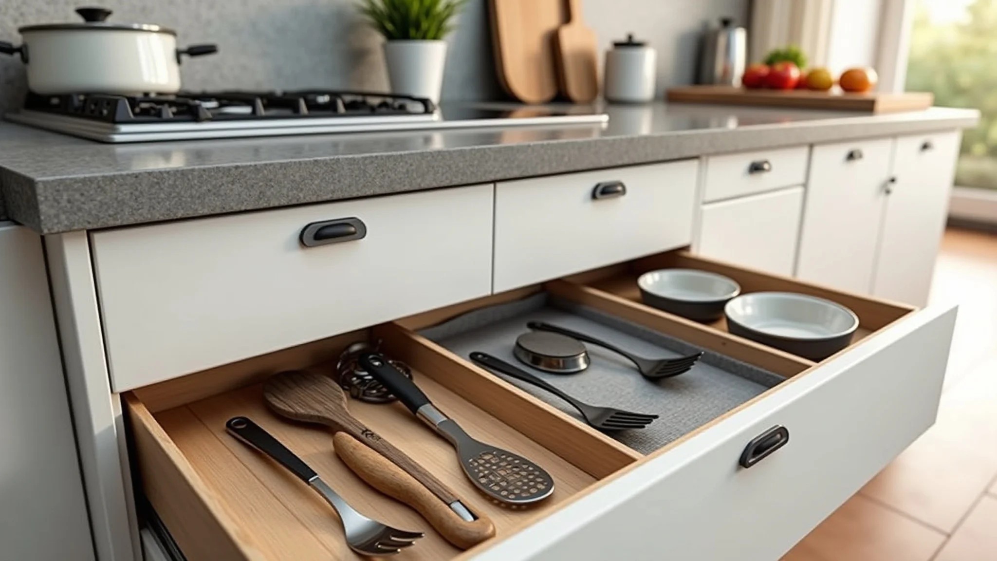 Cozinha organizada com organizadores de gaveta, potes herméticos e utensílios de cozinha comprados na Shopee.