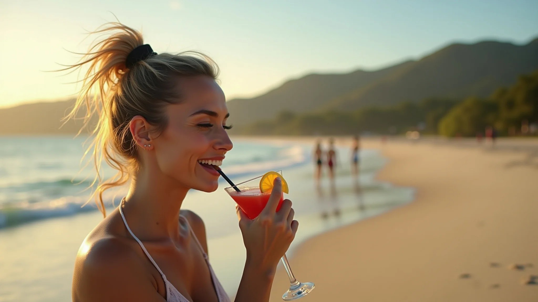 Mulher apreciando drink em praia paradisíaca no Nordeste, resort all inclusive ao fundo.