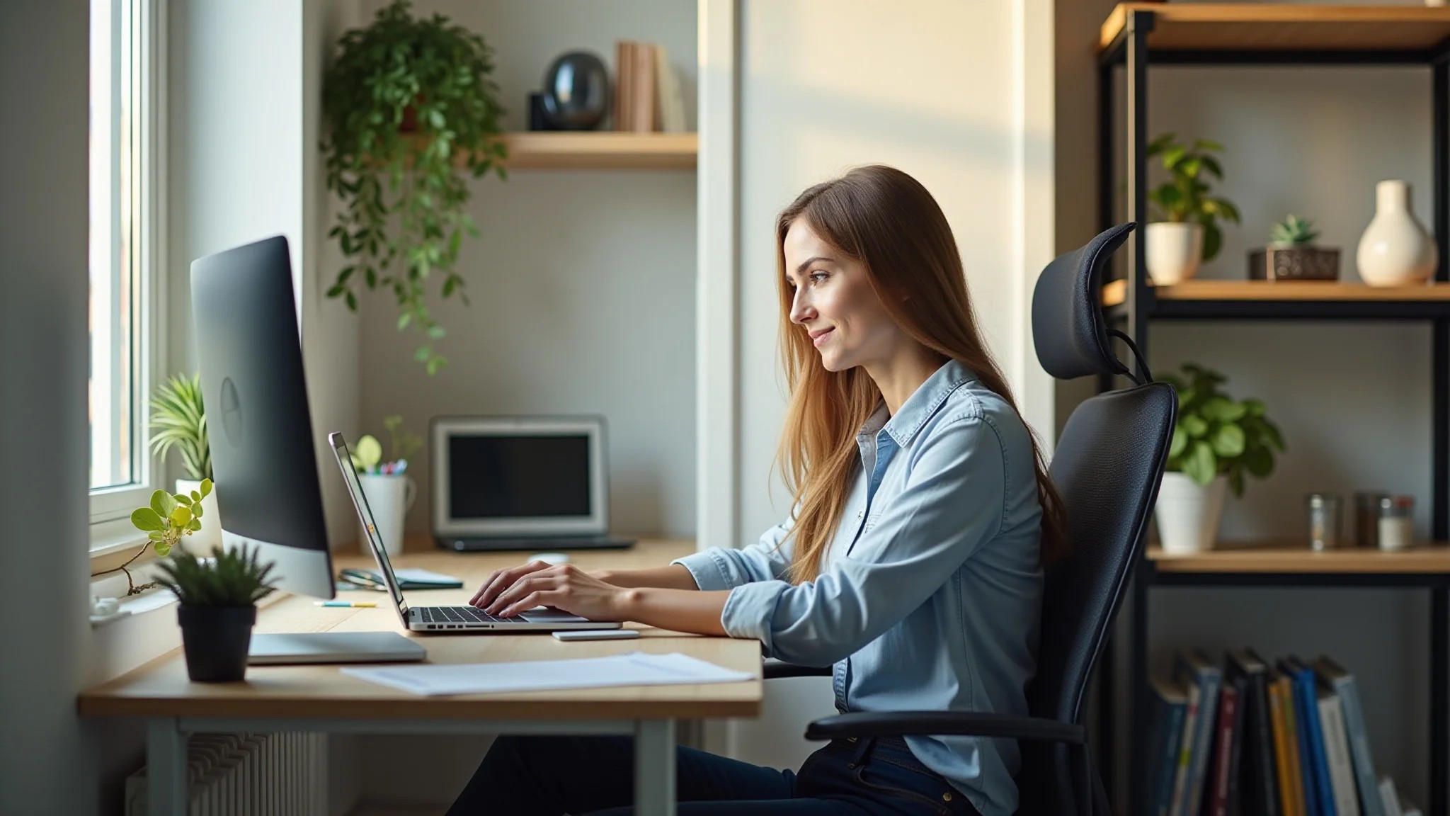 Mulher trabalhando em home office pequeno e organizado com cadeira ergonômica.