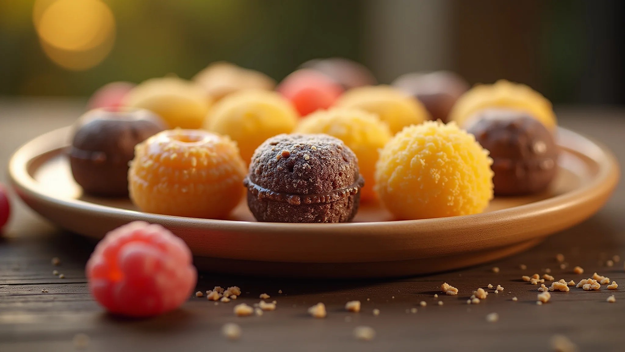 Arranjo artístico de doces brasileiros variados com iluminação suave.