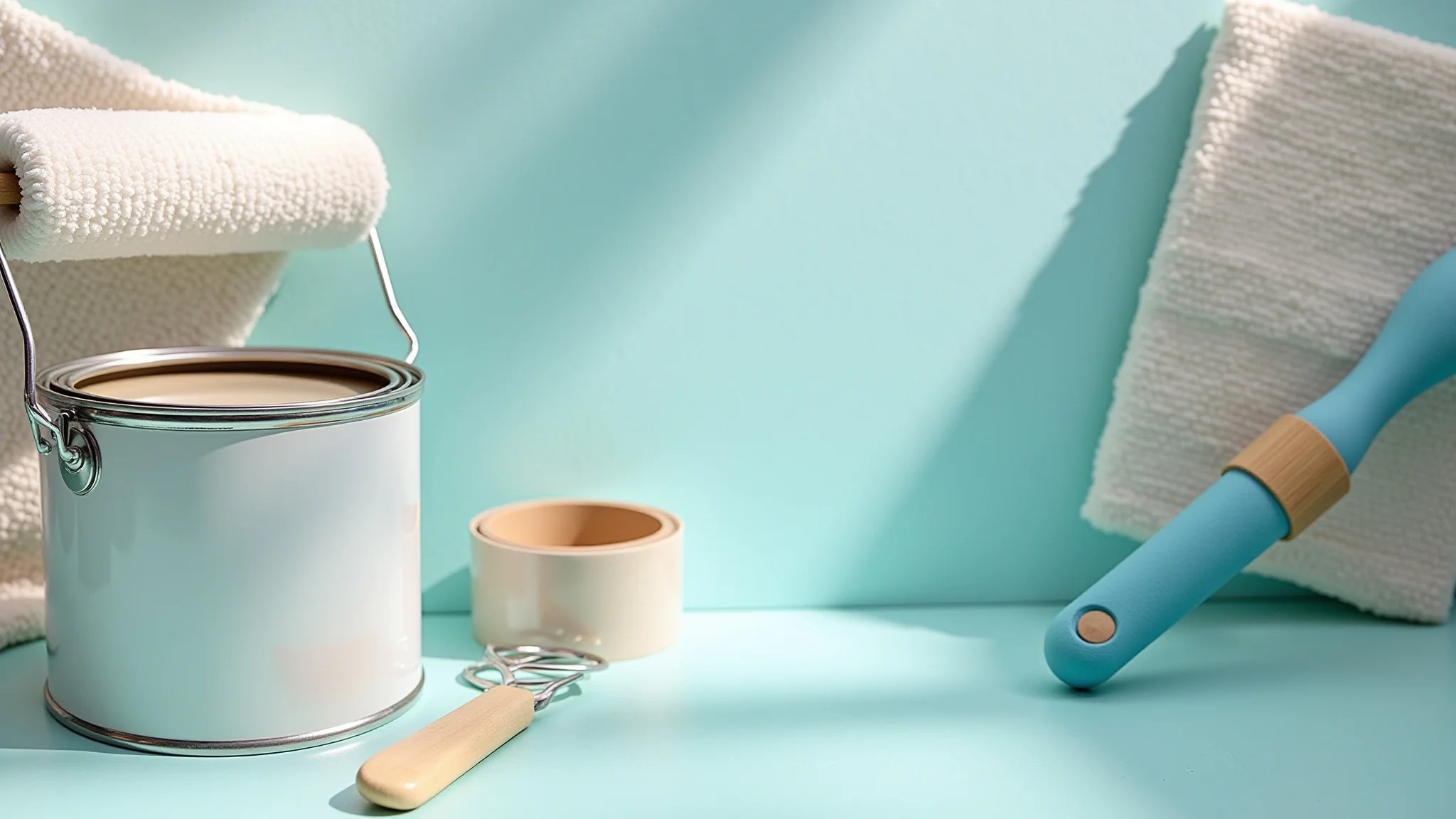 Materiais para pintar o banheiro: tinta antimofo, pincéis, rolo, fita crepe e lona.