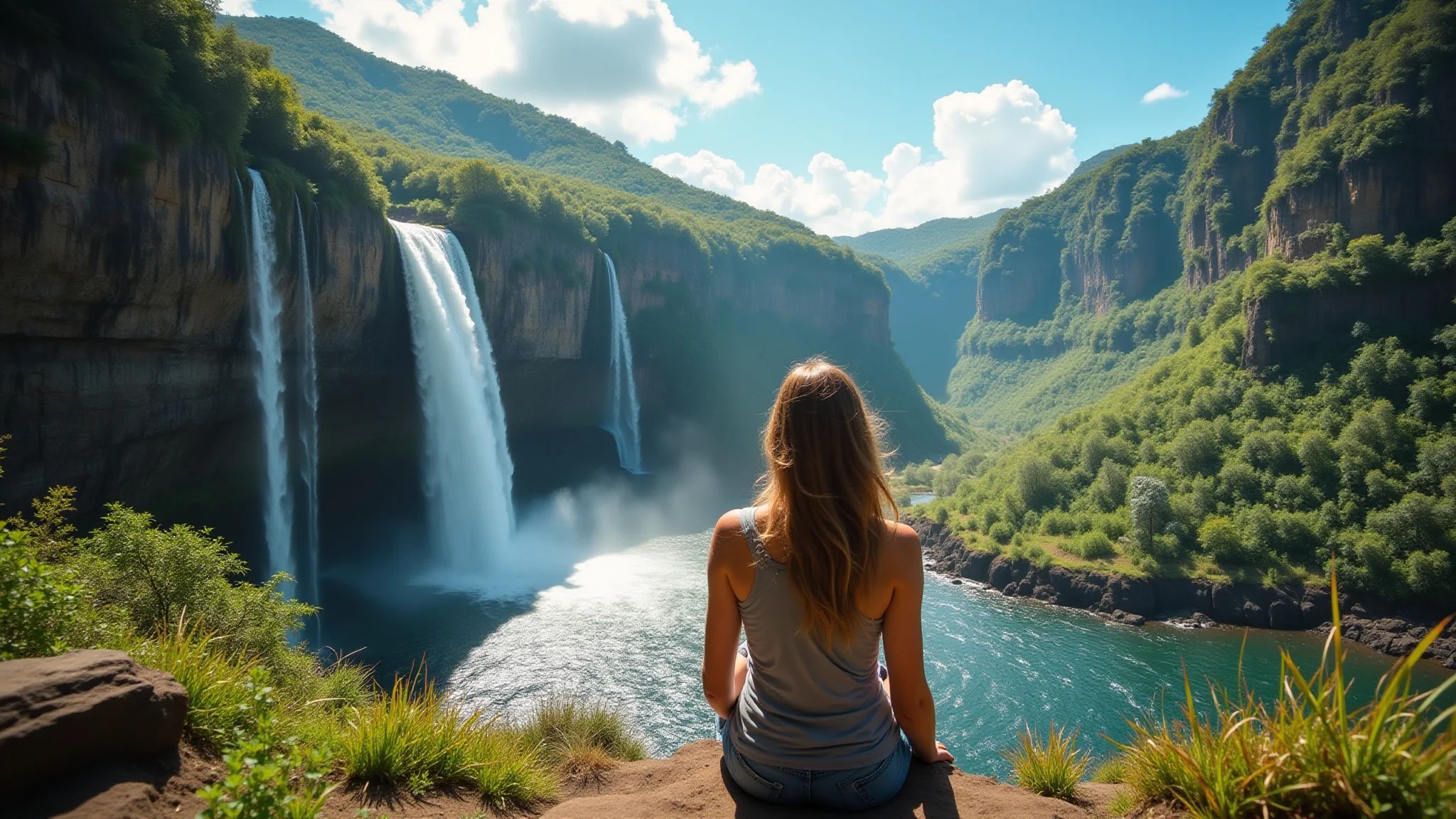 Cachoeira na Chapada dos Veadeiros, Goiás, com mulher contemplando a natureza e buscando paz.