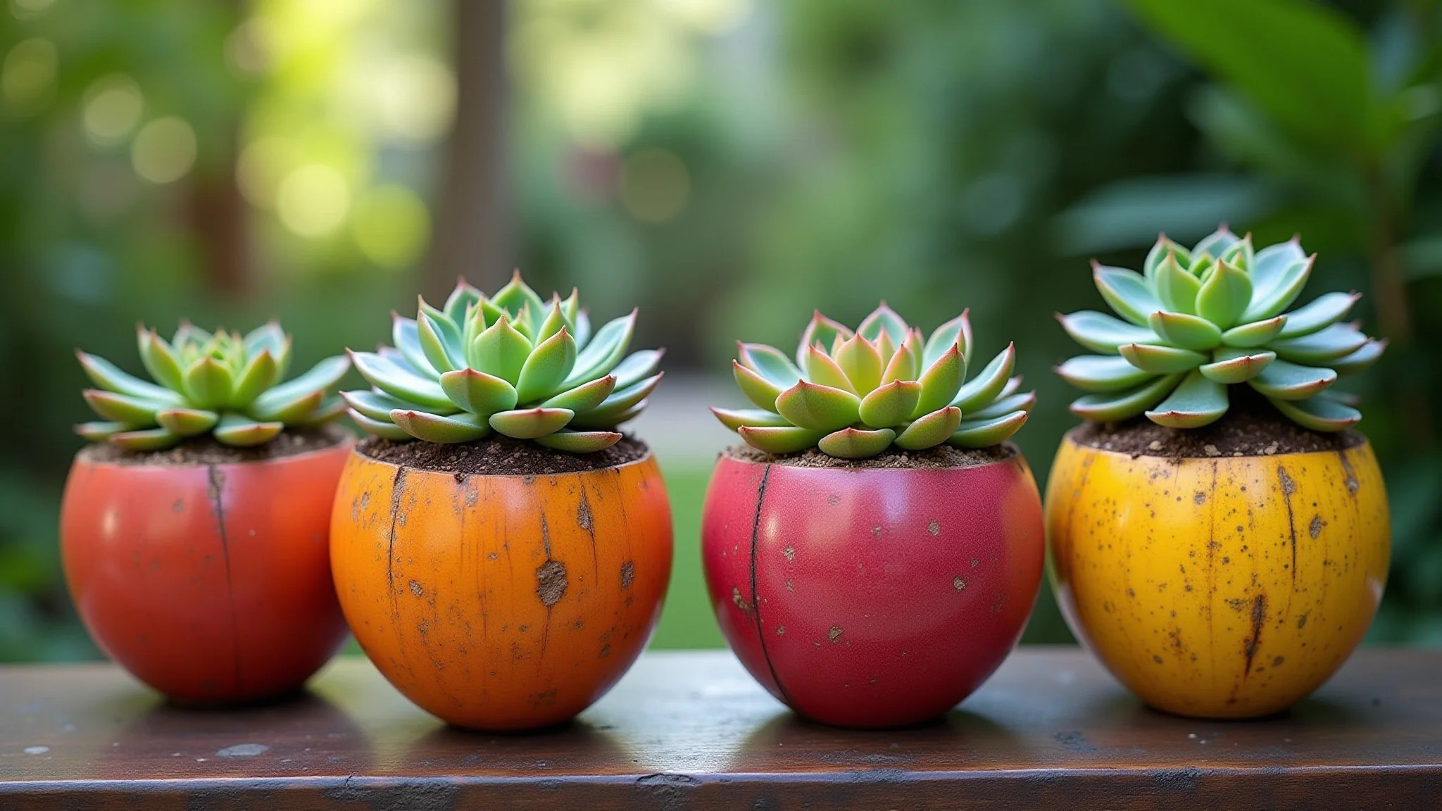 Vasos de coco coloridos com suculentas em jardim brasileiro vibrante.