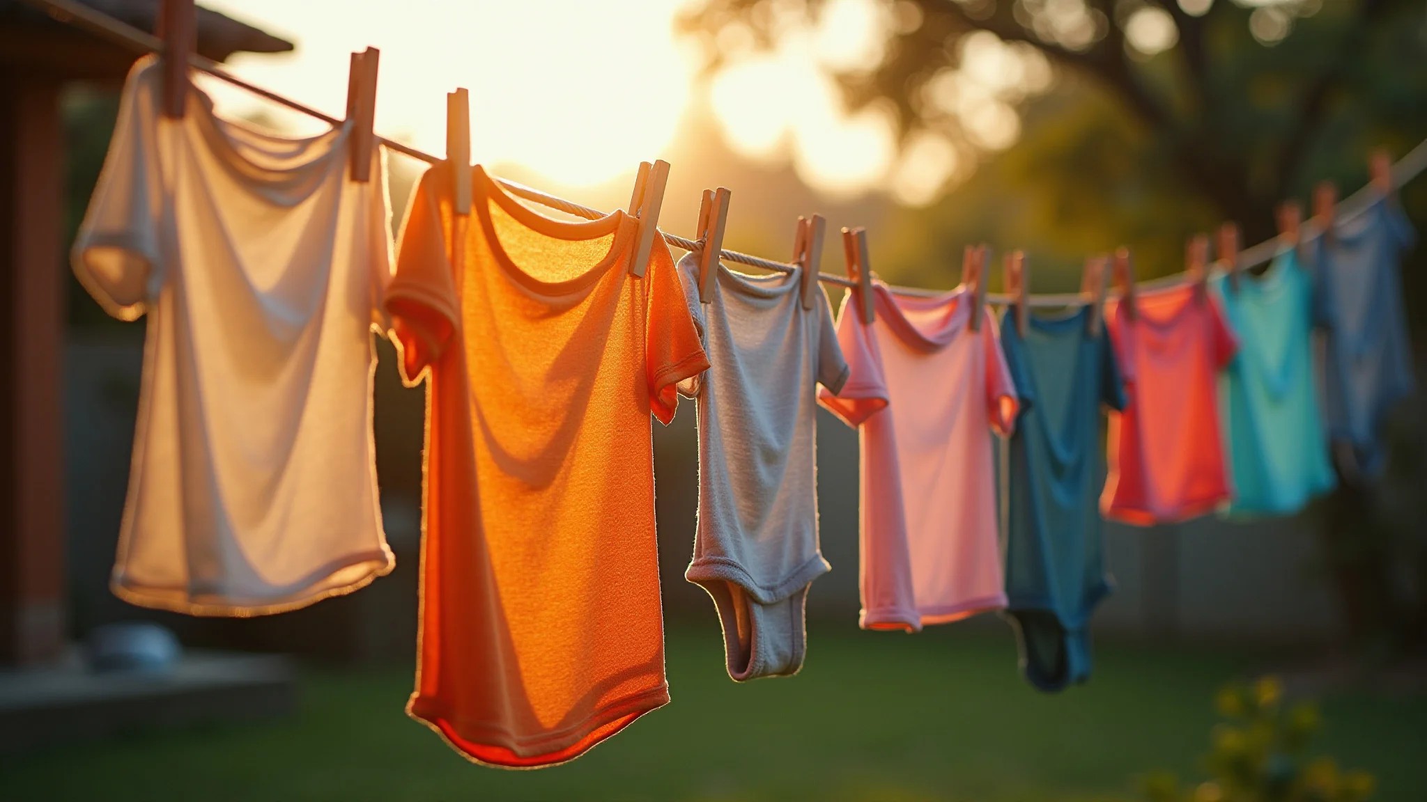 Roupas delicadas secando no varal em um quintal brasileiro, com cores vibrantes.