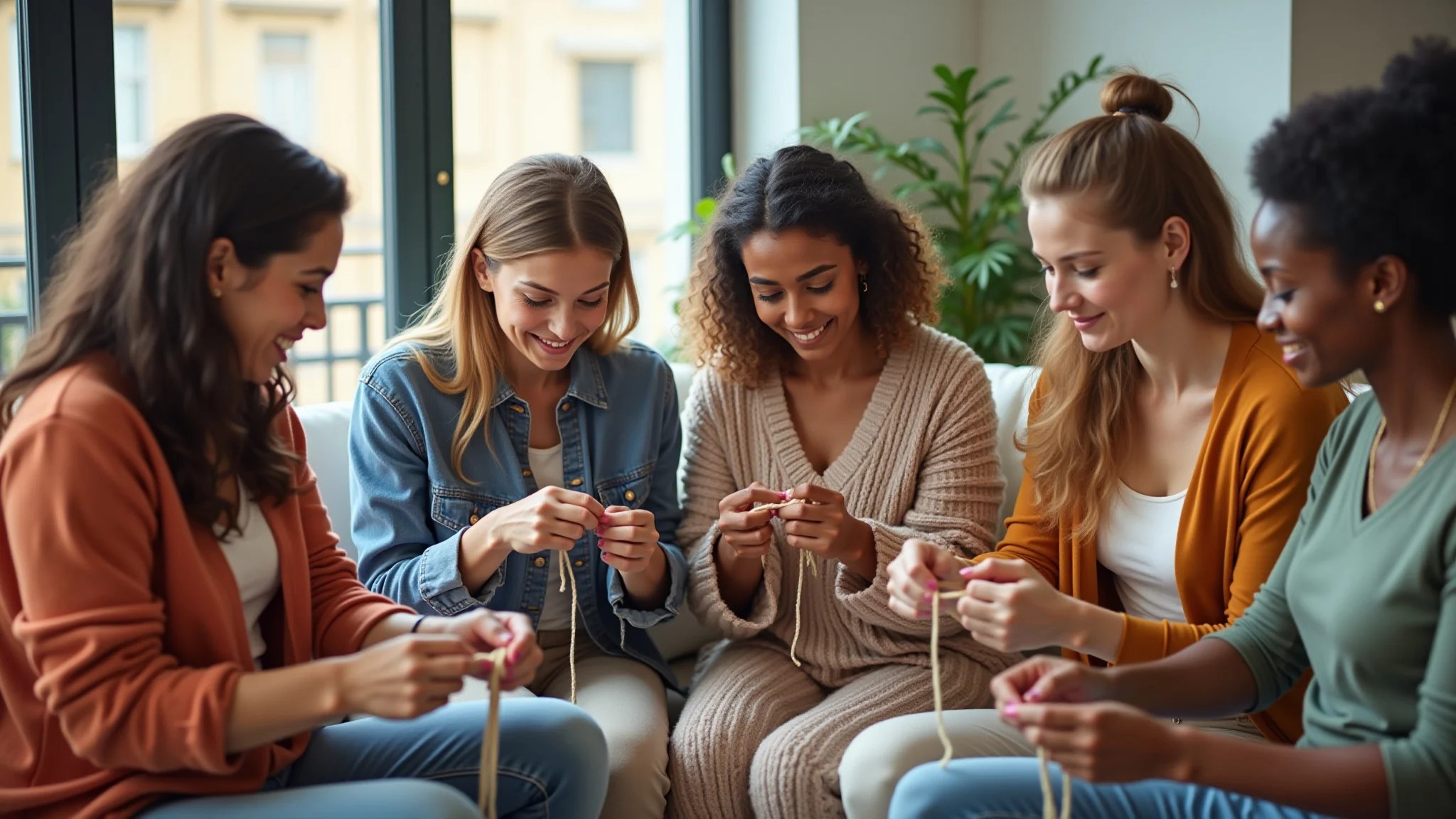 Grupo diverso de mulheres tricotando juntas em estúdio moderno e iluminado.