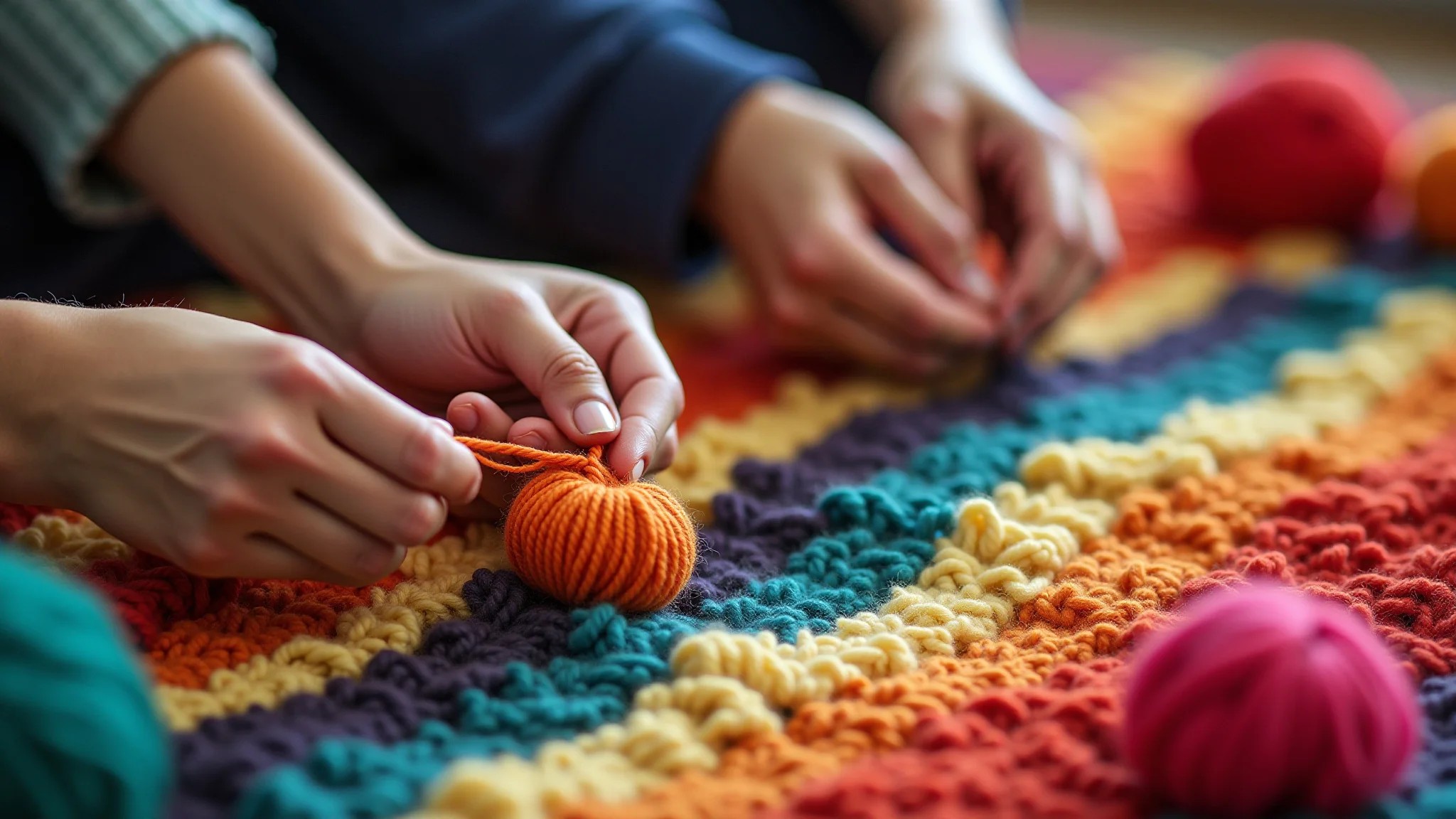 Mãos diversas crocheteando um tapete vibrante em close-up.