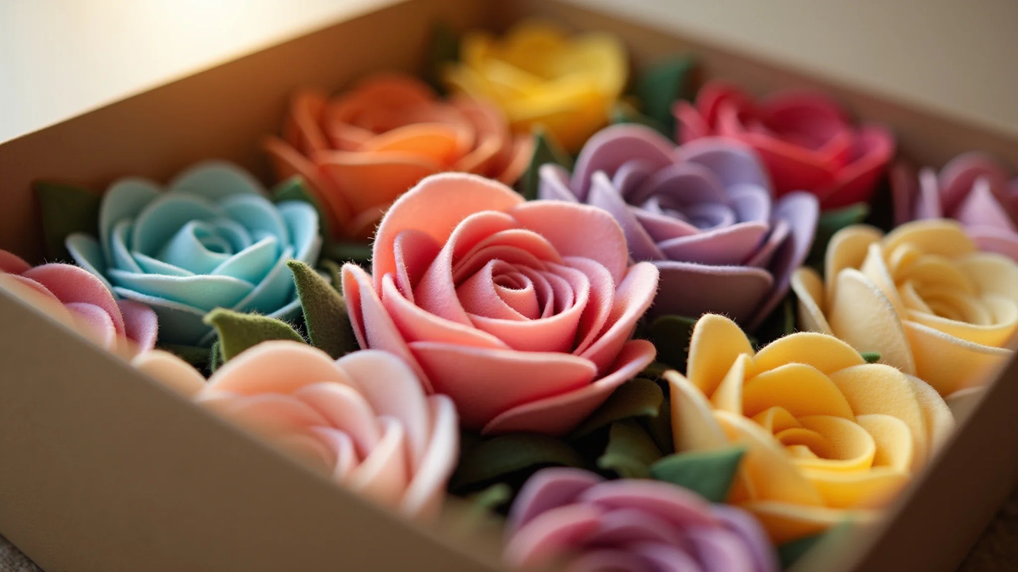 Flores de feltro embaladas em caixa de papel kraft, prontas para venda, embalagem profissional.