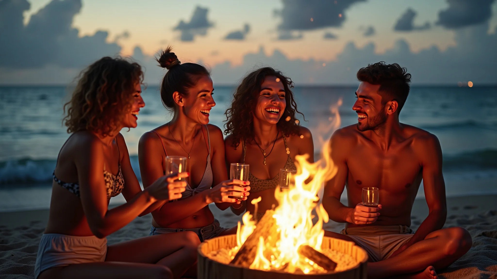 Amigas aproveitando festa de Réveillon na praia em Florianópolis, com fogueiras.