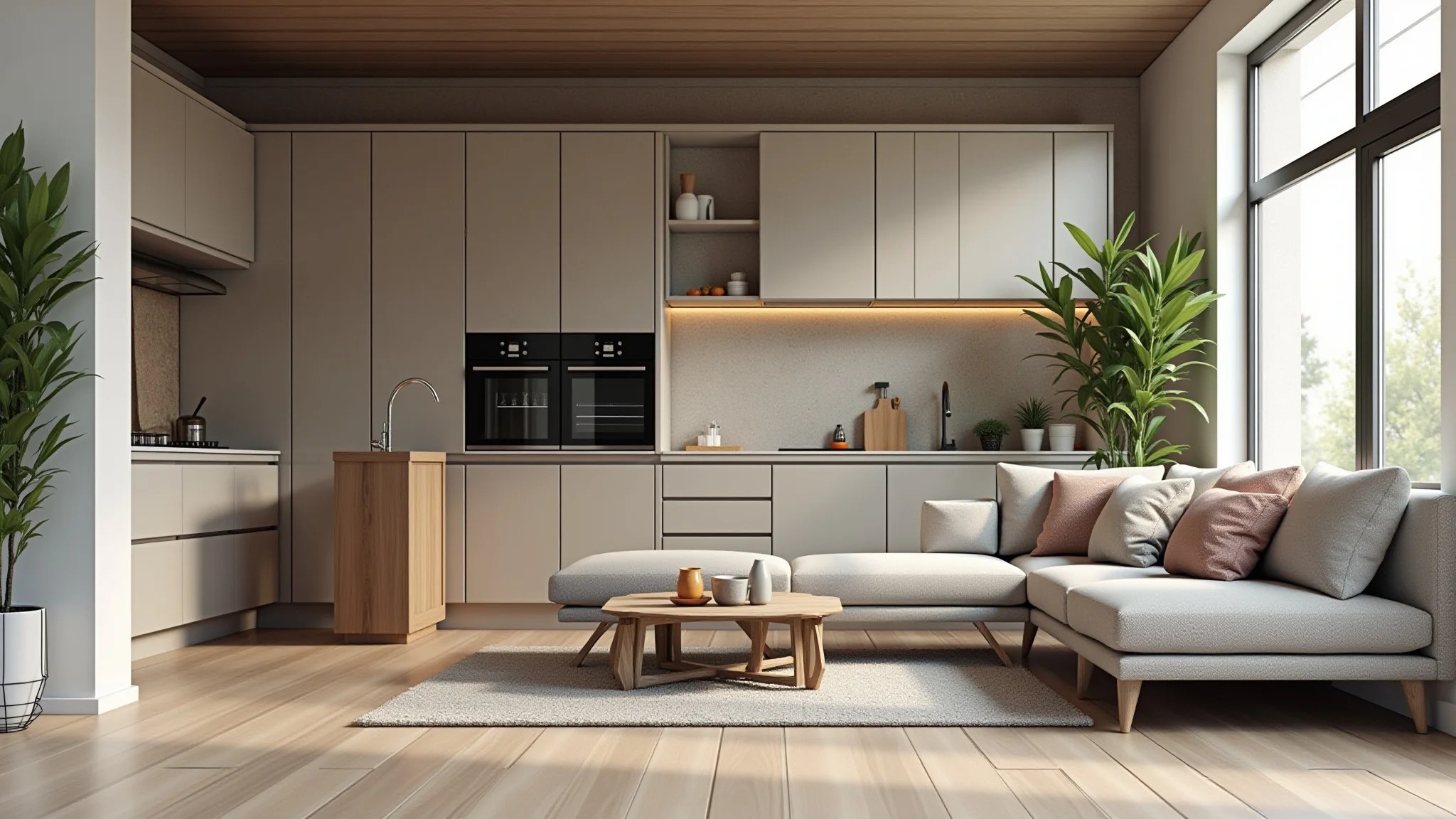 Integração de cozinha americana pequena com sala, piso unificado e cores harmoniosas.