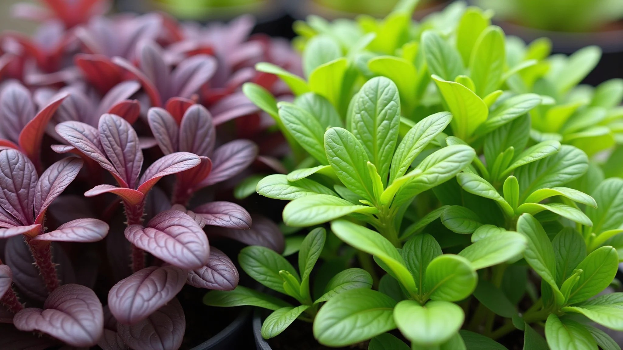 Rúcula roxa e verde crescendo juntas em um vaso, cores vibrantes.