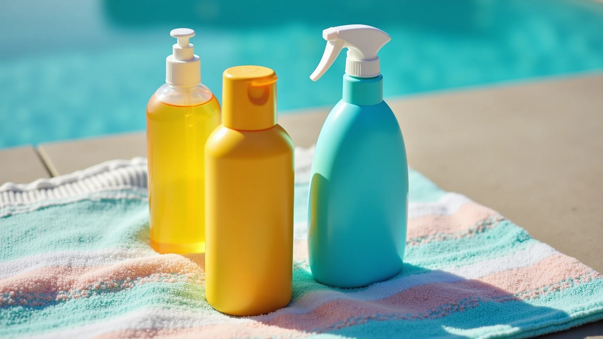 Miniaturas de produtos de higiene pessoal para viagem na praia.