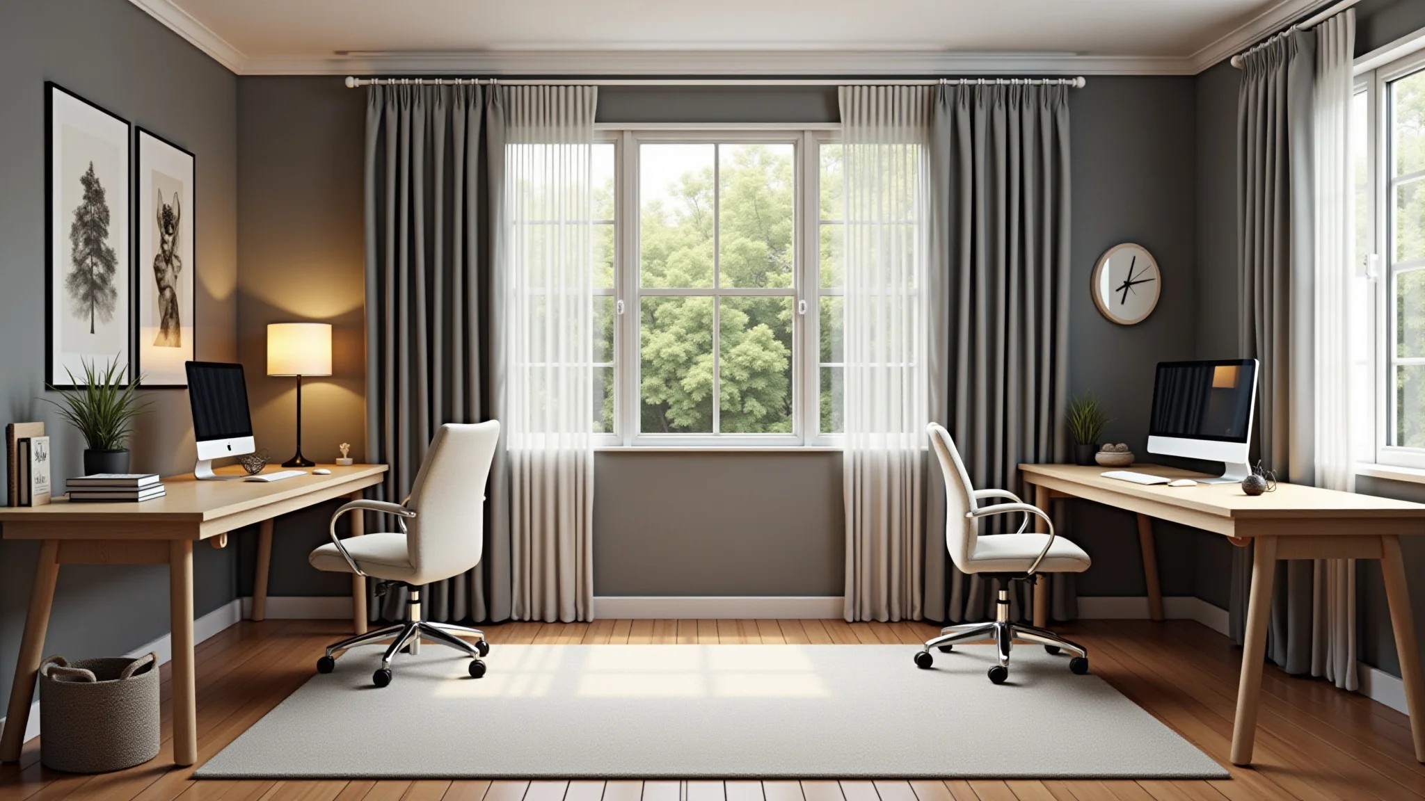 Dois cantinhos de trabalho individuais integrados em um home office com estilos únicos e iluminação vibrante.