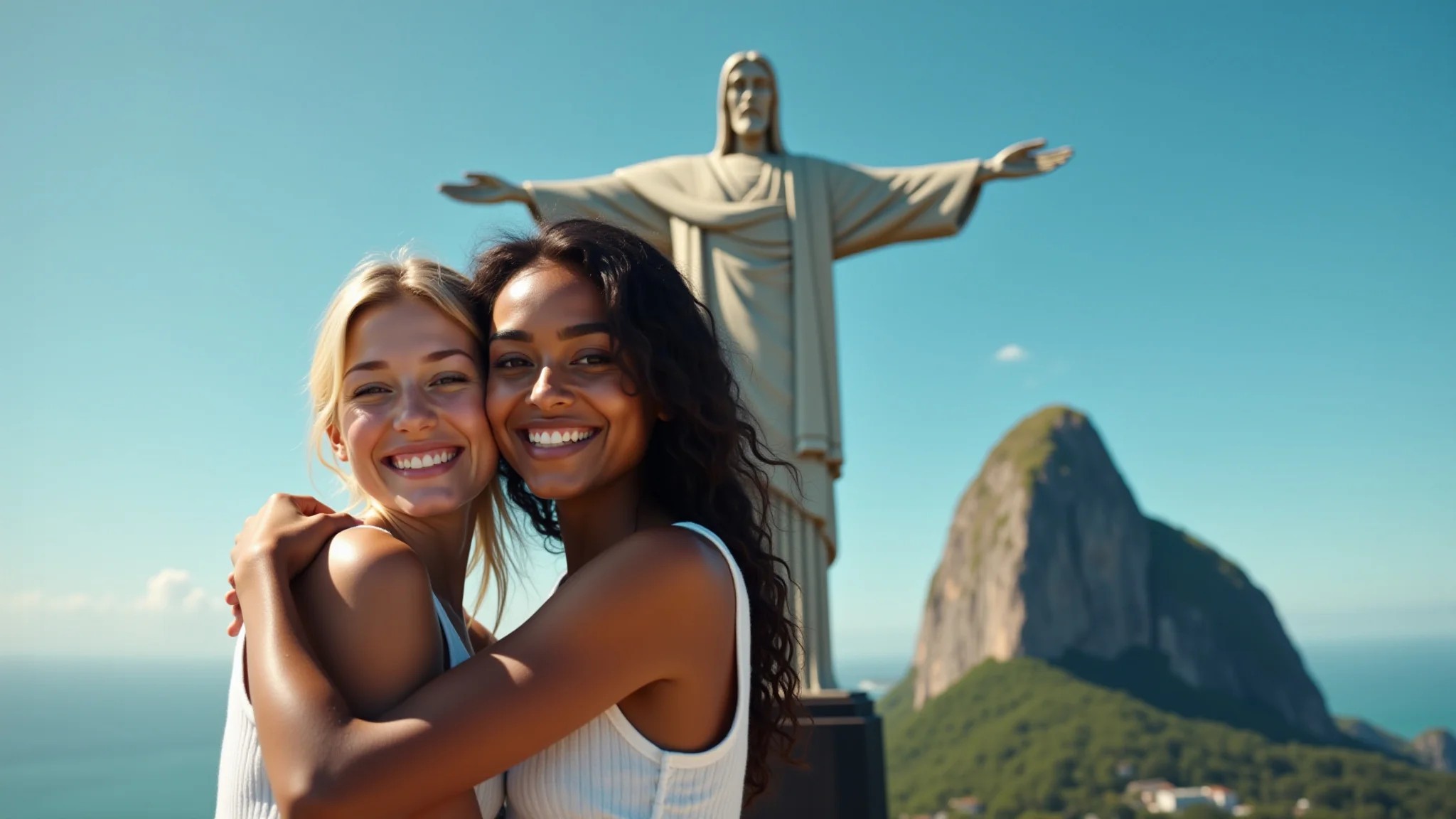 Duas jovens, uma negra e uma branca, se abraçando em frente ao Cristo Redentor no Rio.