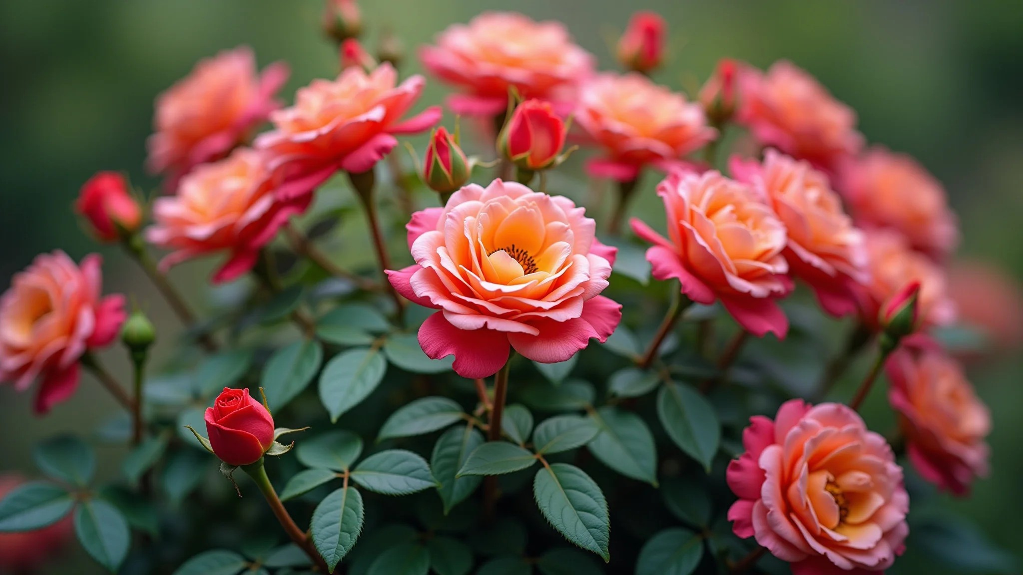 Roseira vibrante florescendo abundantemente após a poda, folhagem verde e saudável.