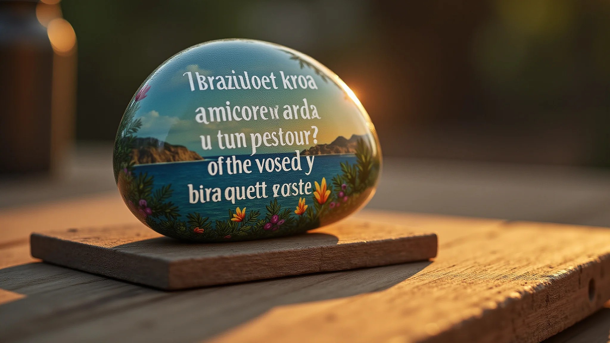 Peso de papel feito de pedra pintada com frase inspiradora, mesa de trabalho charmosa.