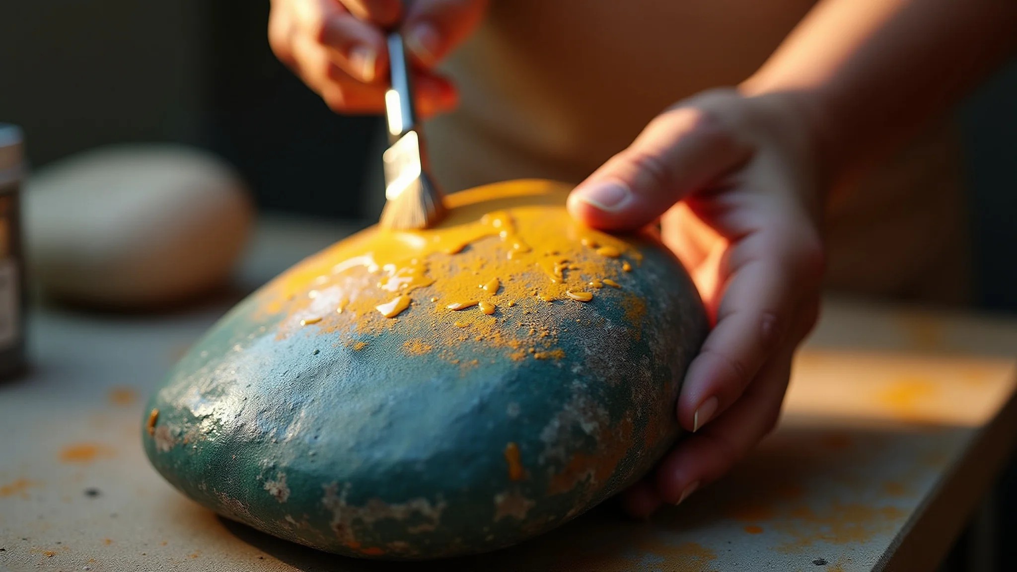 Verniz protetor sendo aplicado em pedra pintada, acabamento brilhante.