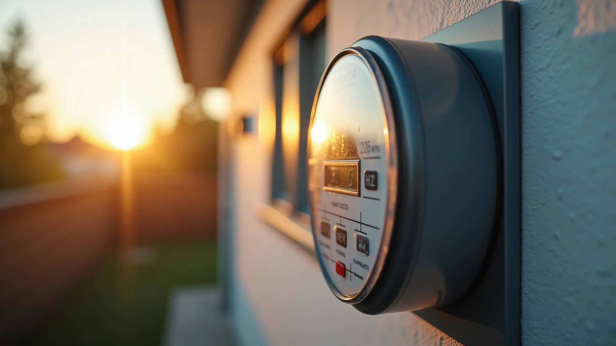 Medidor de energia residencial rodando ao contrário, indicando economia com energia solar.
