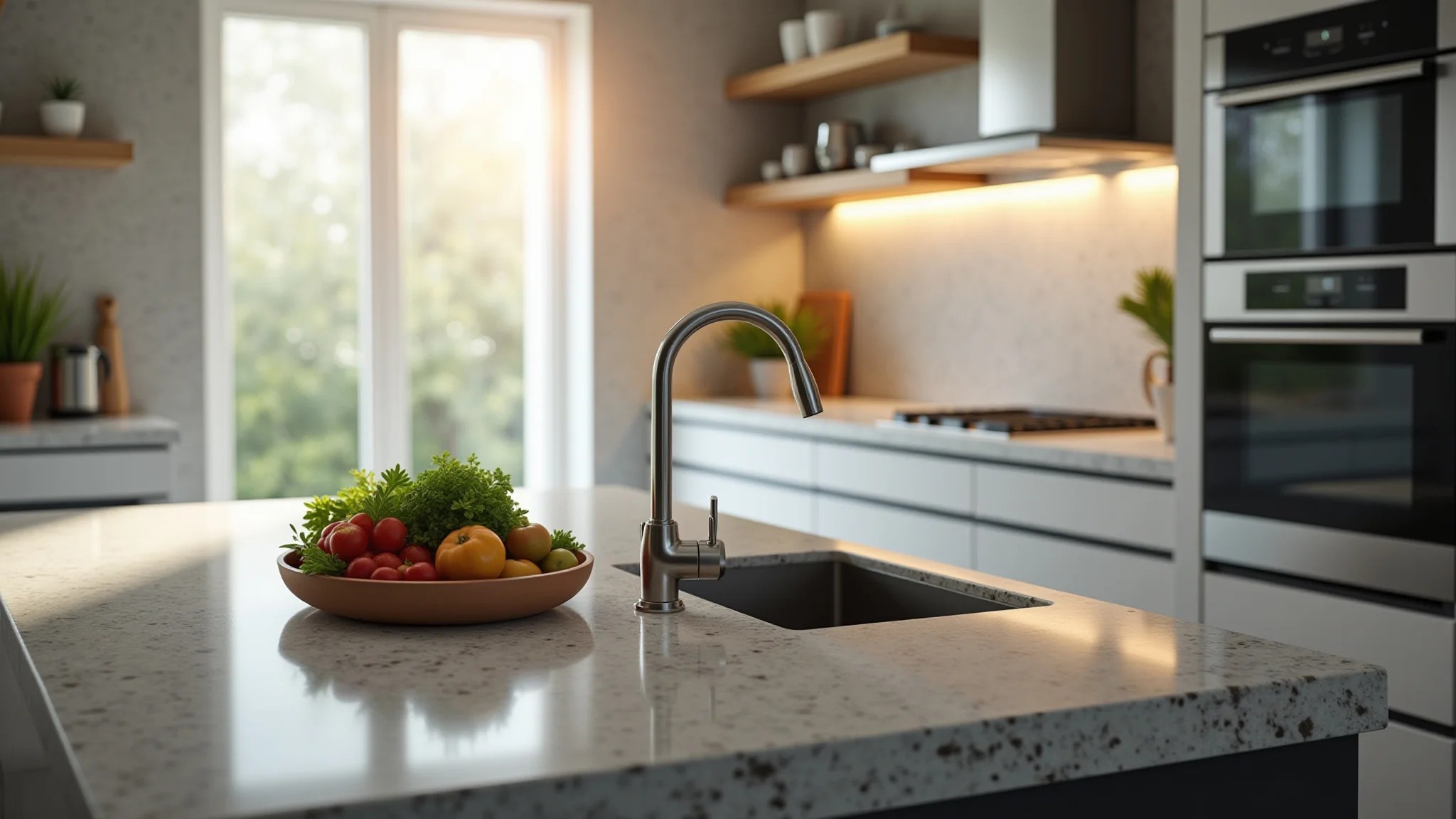 Ilha de cozinha com cooktop por indução e pia de inox, bancada de granito.