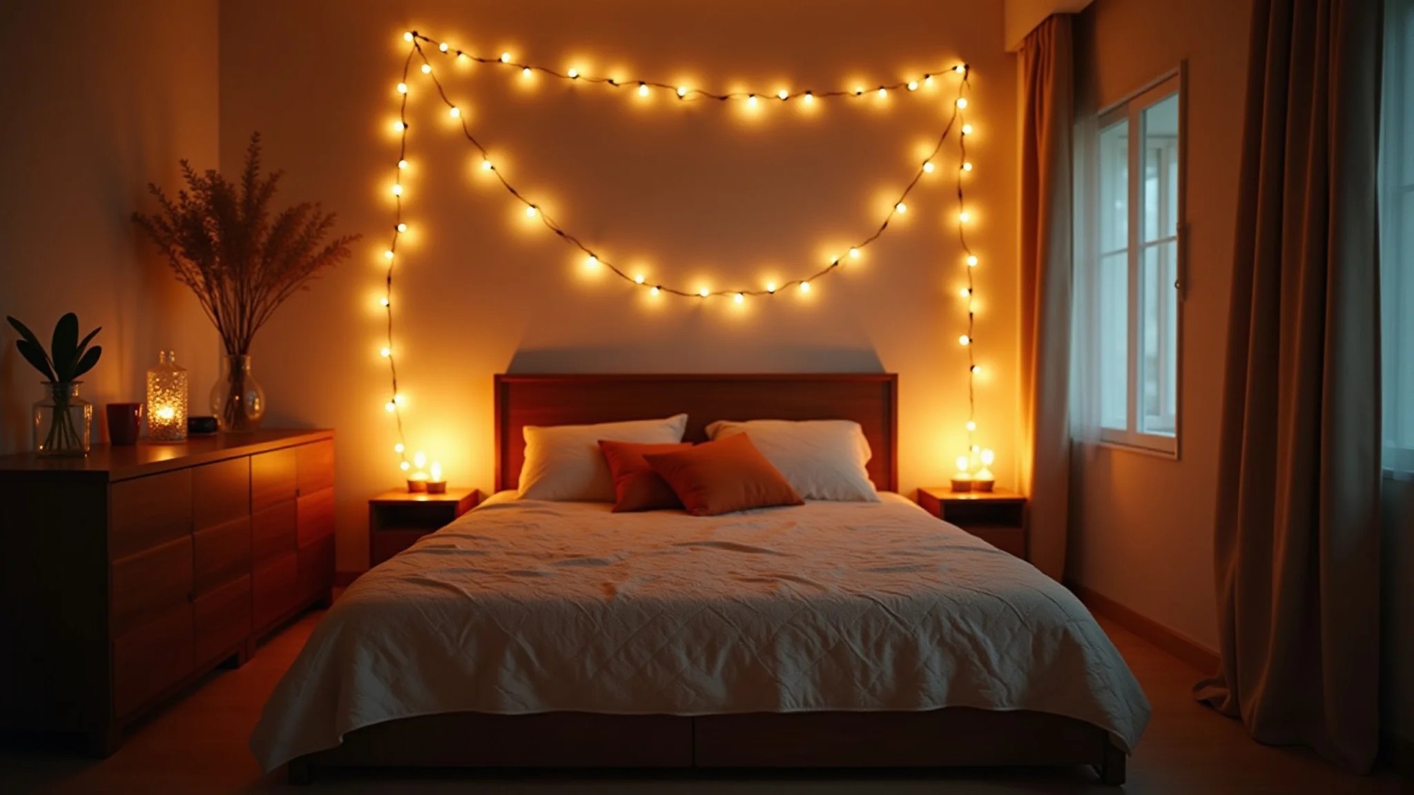 Quarto de casal com varal de luzes e velas, criando atmosfera íntima.