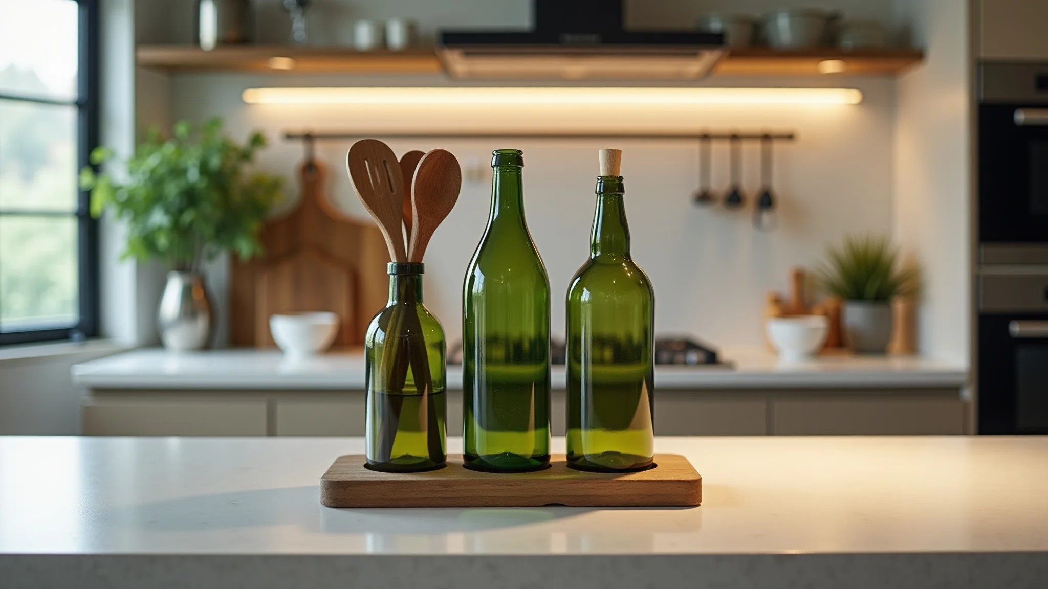Balcão de cozinha com garrafas de vidro reutilizadas como porta-utensílios.