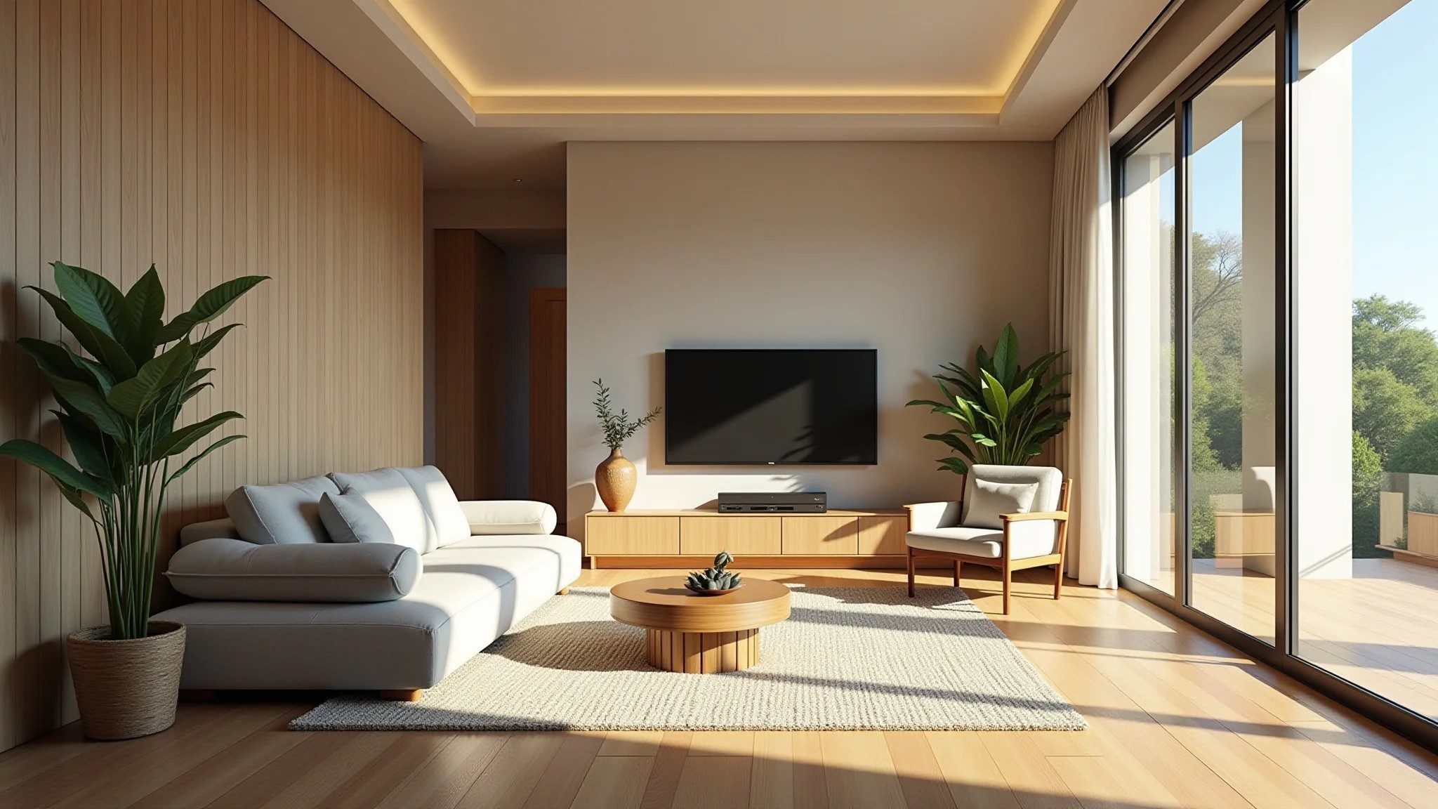 Sala moderna com piso de bambu sustentável, design brasileiro e iluminação natural.