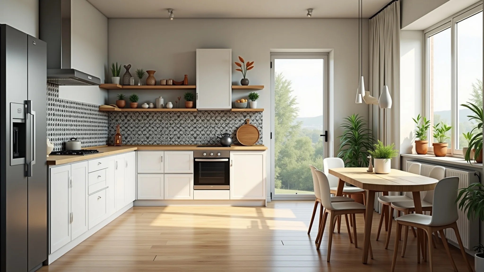 Cozinha brasileira renovada com adesivos de azulejo, plantas e luz natural.