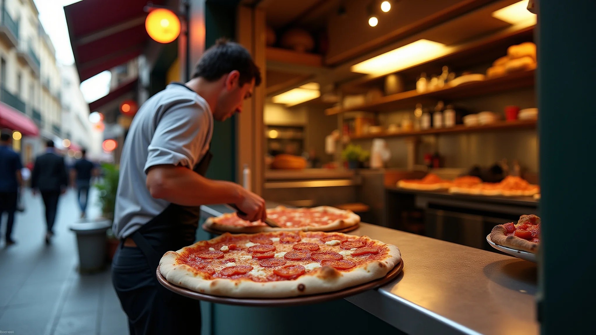 Pizzaiolo preparando pizza napolitana em rua movimentada de Nápoles.