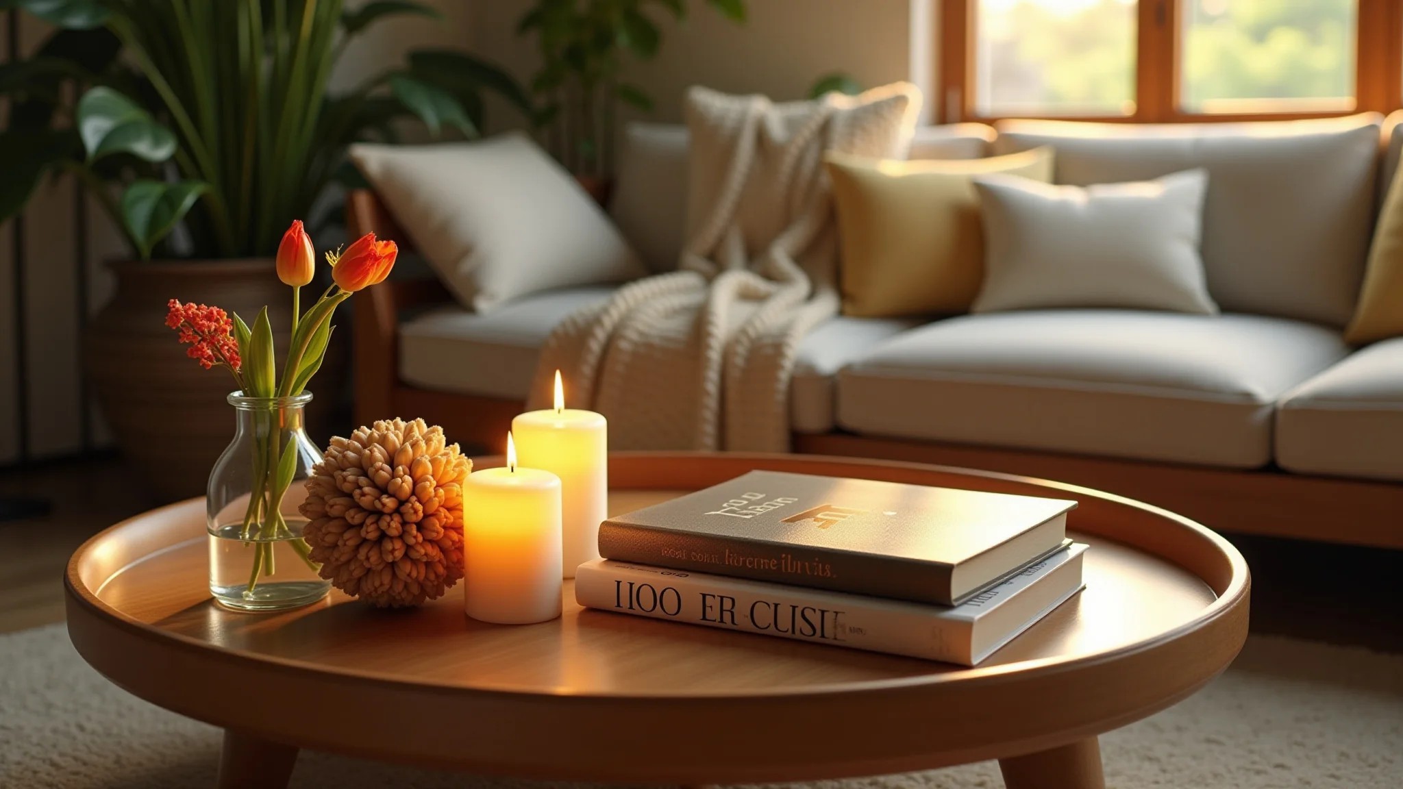 Mesa de centro decorada com livros, velas e flores, decoração brasileira e luz suave.