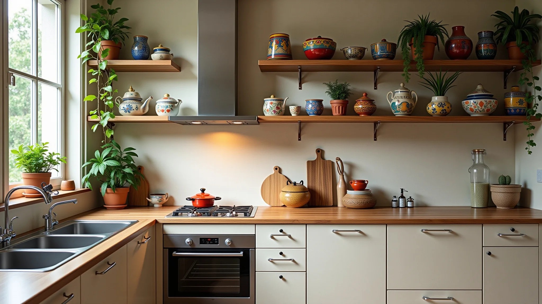 Cozinha compacta com prateleiras abertas decoradas com cerâmica e plantas brasileiras.