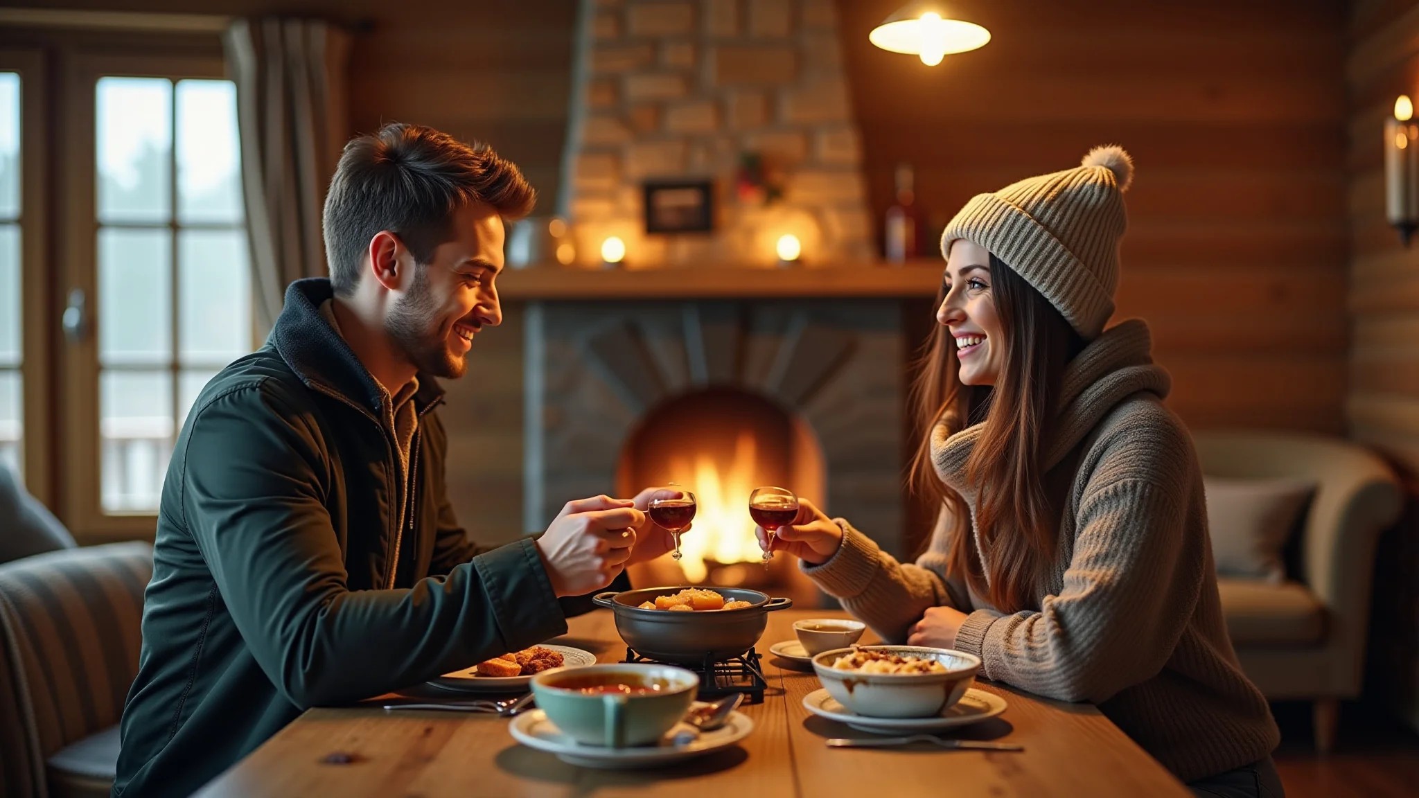 Casal elegante compartilhando fondue em chalé rústico em Campos do Jordão.