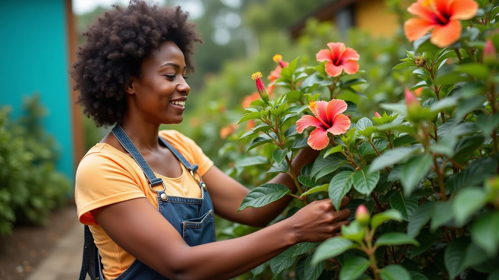 Mulher cuidando de hibisco em jardim brasileiro vibrante e colorido.