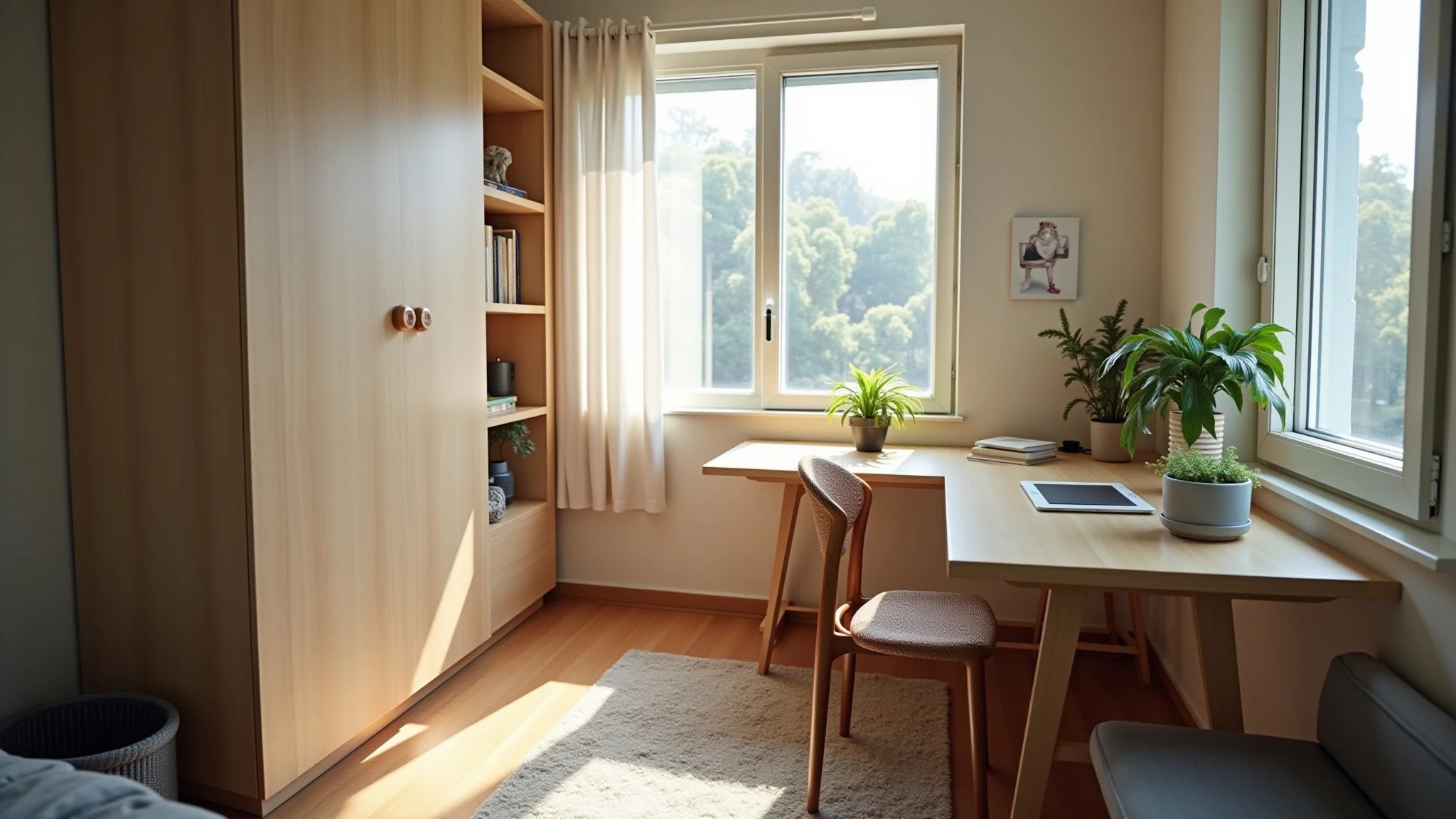 Mesa dobrável otimizando espaço em apartamento pequeno com decoração brasileira.